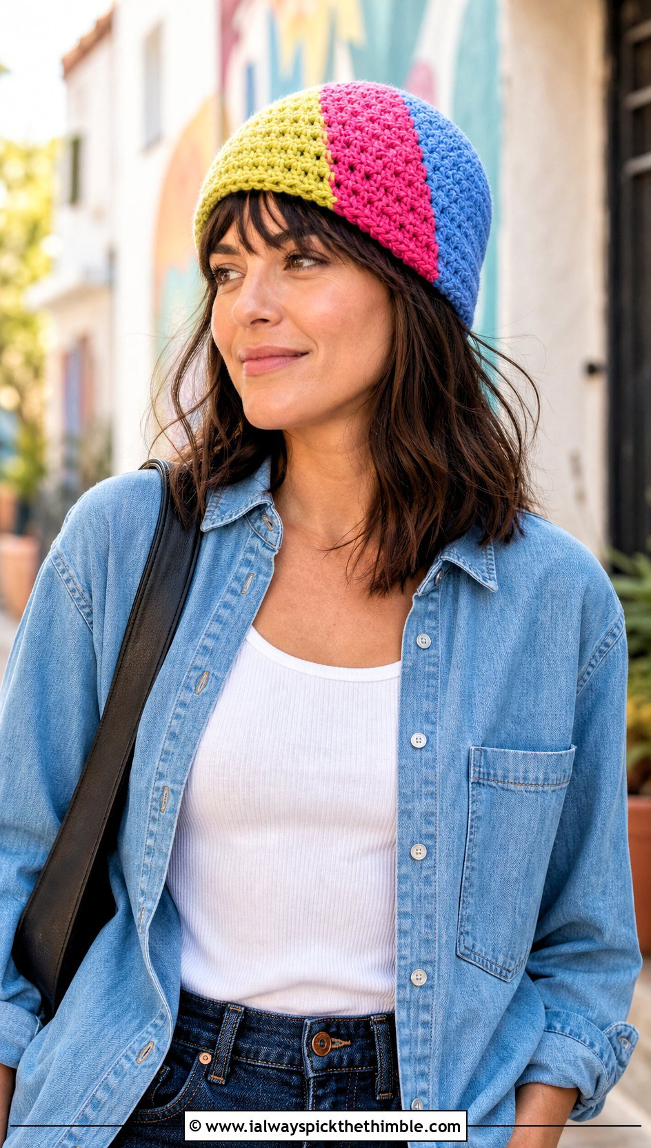 Color Block Half Double Crochet Beanie With Denim Shirt And Jeans - 20 Half Double Crochet Hat outfit ideas