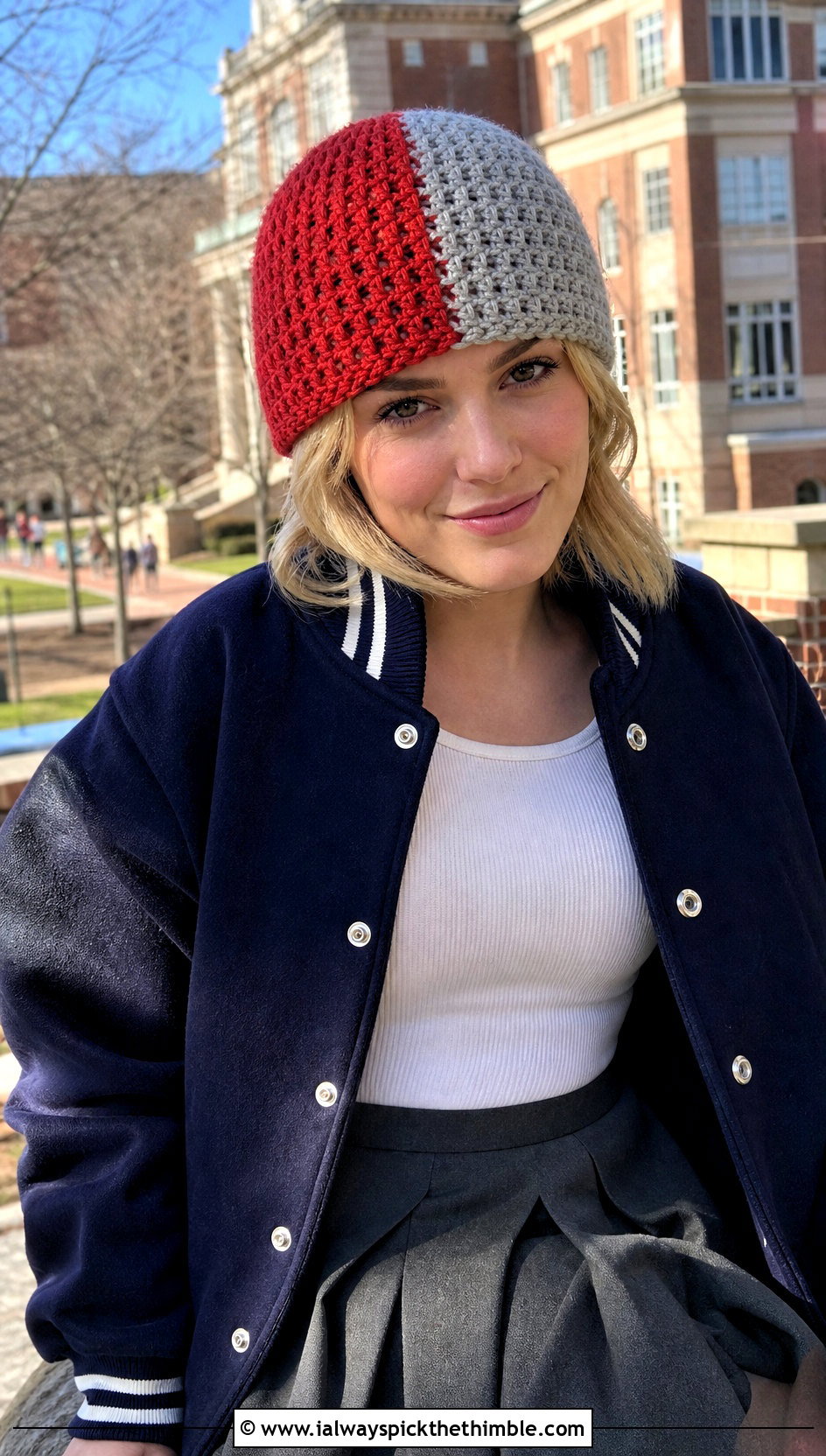 Color Block Half Double Crochet Beanie With Varsity Jacket - 25 half double crochet beanie outfit ideas