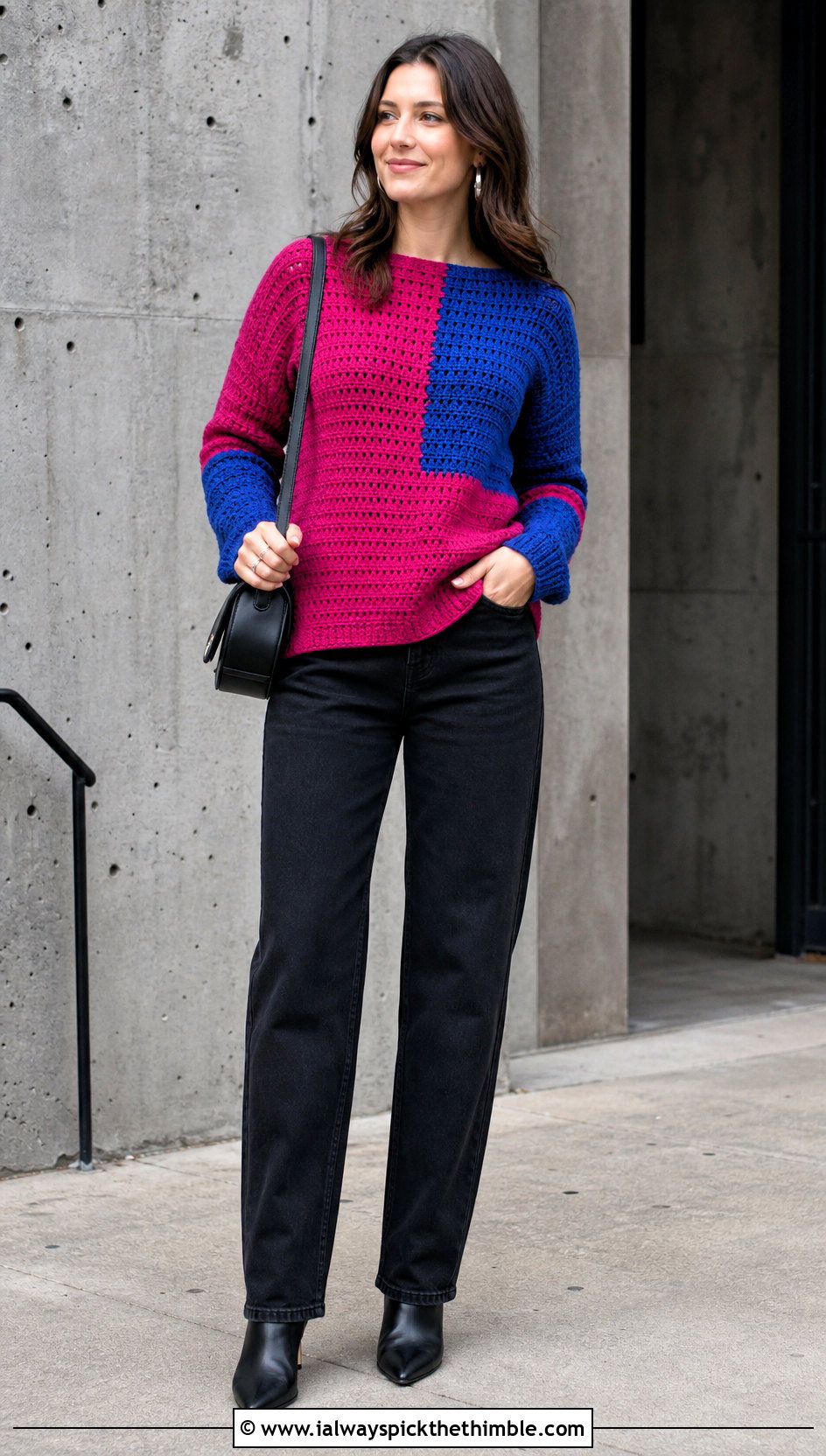 Color Block Half Double Crochet Sweater With Black Jeans - 20 half double crochet sweater outfit ideas