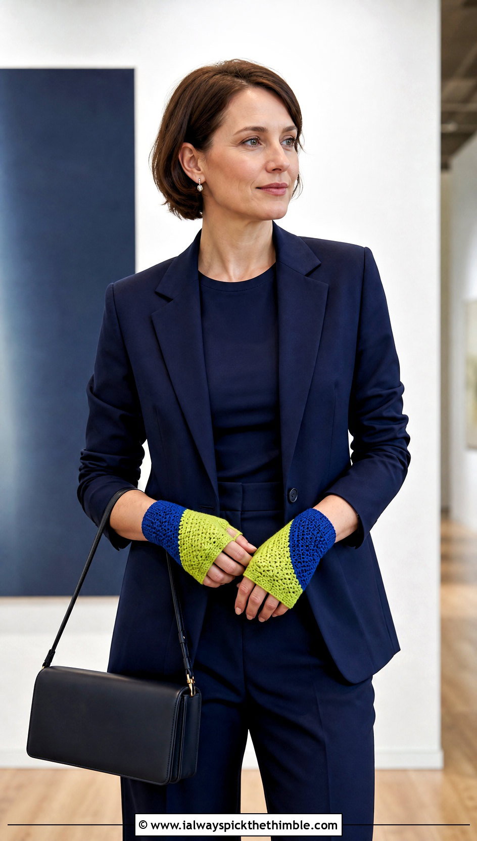 Color Block Half Finger Gloves With Monochrome Suit - 20 crochet half finger gloves outfit ideas