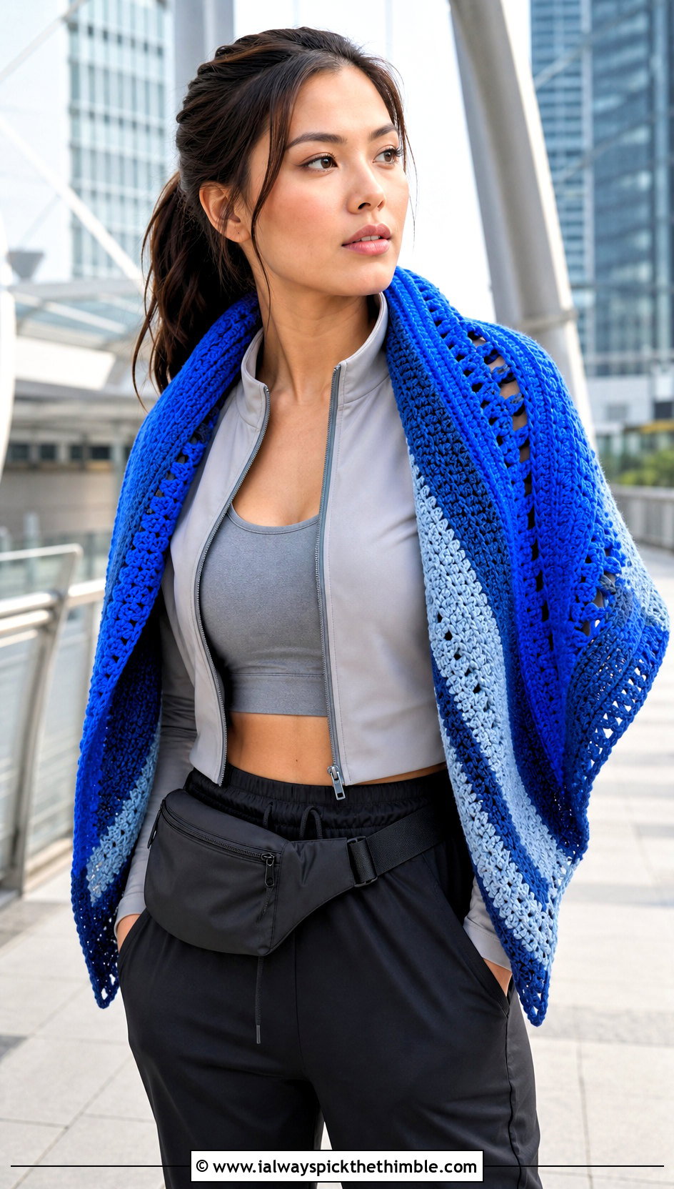 Color Block Half Moon Crochet Shawl With Track Pants - 20 Half Moon Crochet Shawl outfit ideas