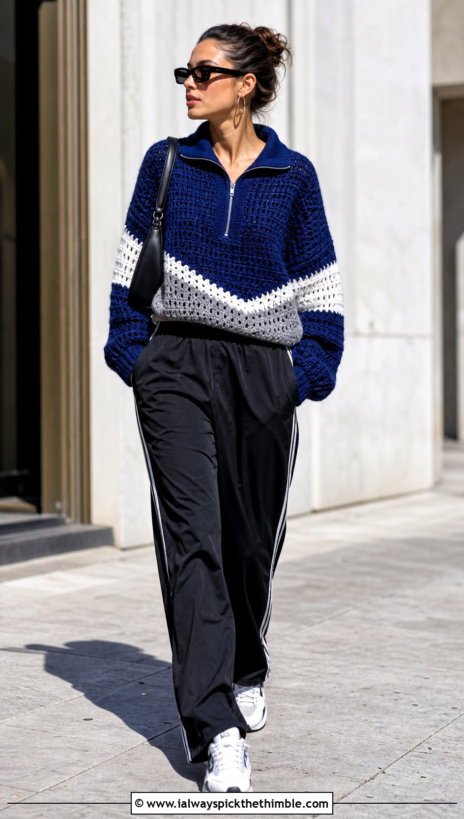 Color Block Half Zip Slouchy Crochet Sweater With Track Pants - 20 slouchy crochet sweater outfit ideas