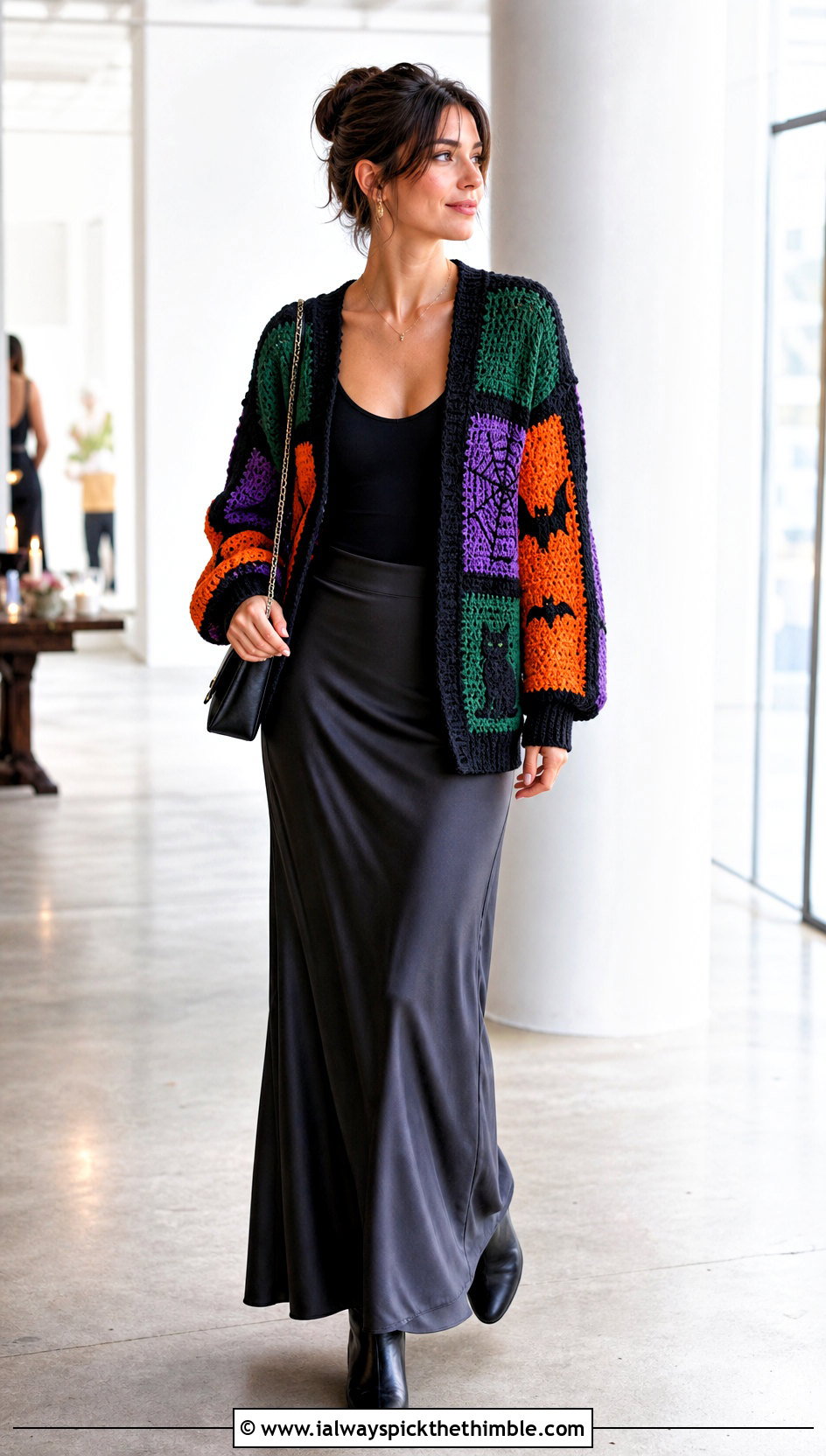 Color Block Halloween Crochet Cardigan With Satin Maxi Skirt - 20 halloween crochet cardigan outfit ideas