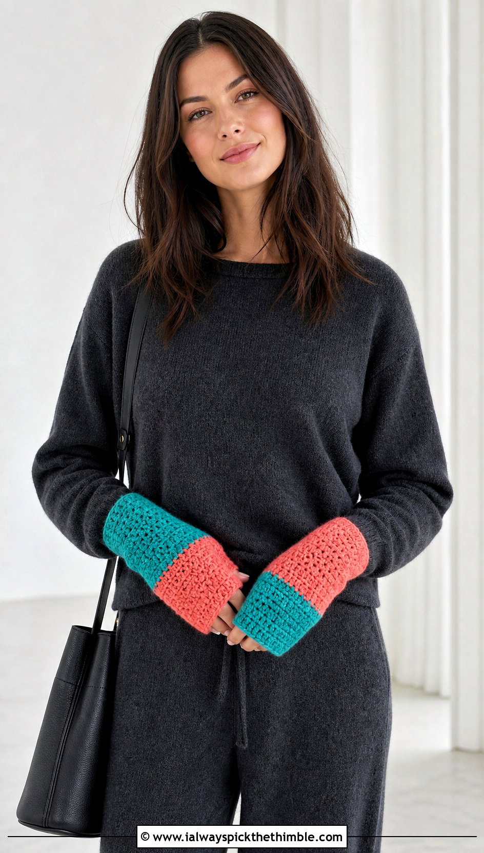 Color Block Handwarmers With Monochrome Knit Set - 25 crochet handwarmers outfit ideas