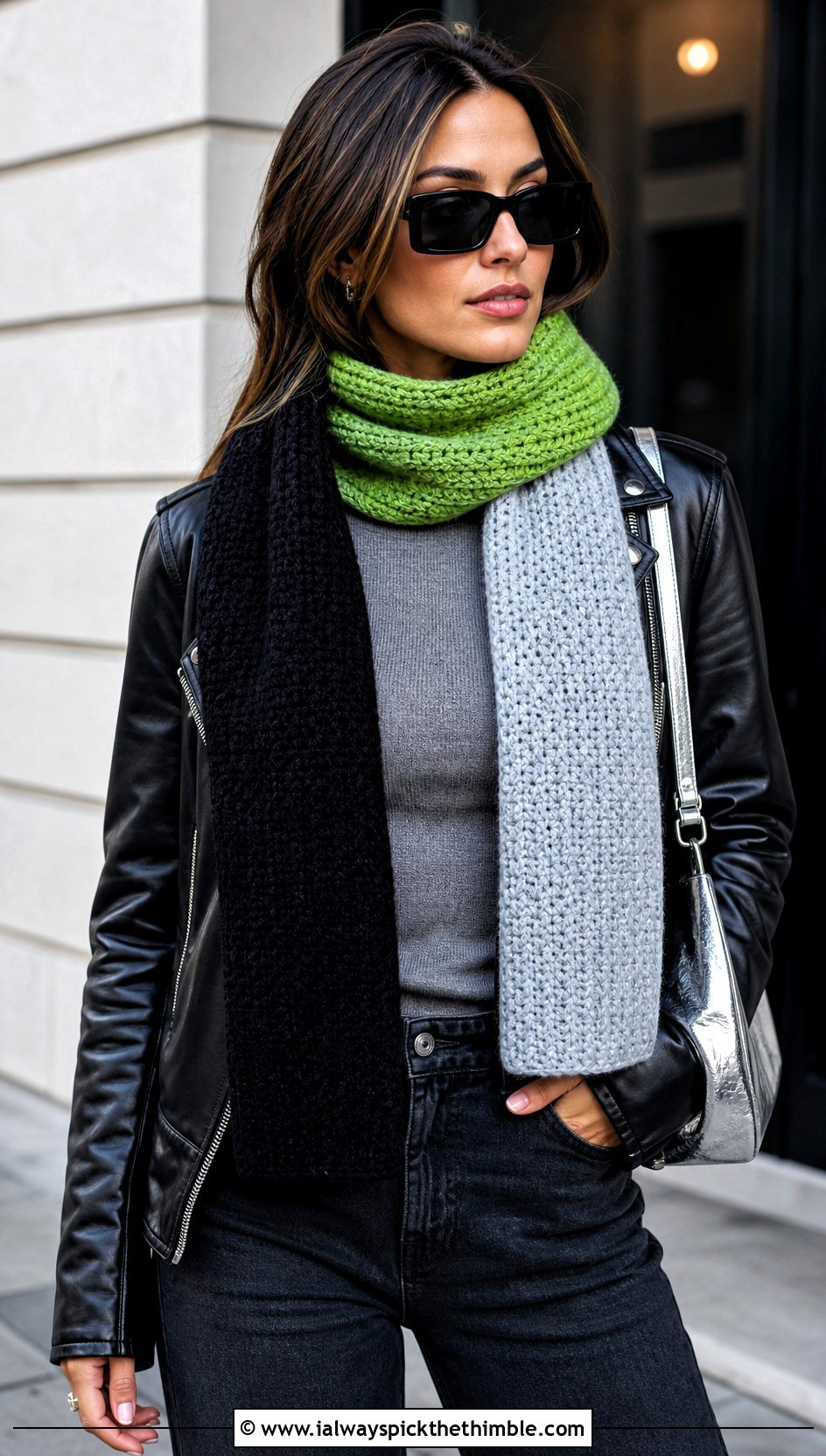 Color Block Hdc Crochet Scarf With Leather Jacket - 20 Hdc Crochet Scarf outfit ideas