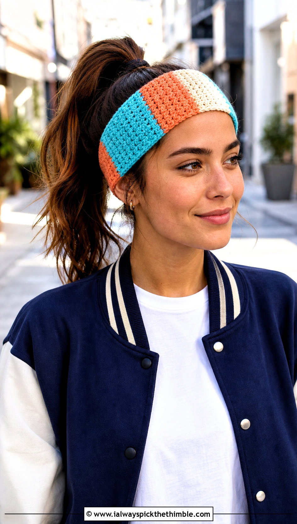 Color Block Headband With Varsity Jacket - 20 Easy Crocheted Headbands Ear Warmers outfit ideas