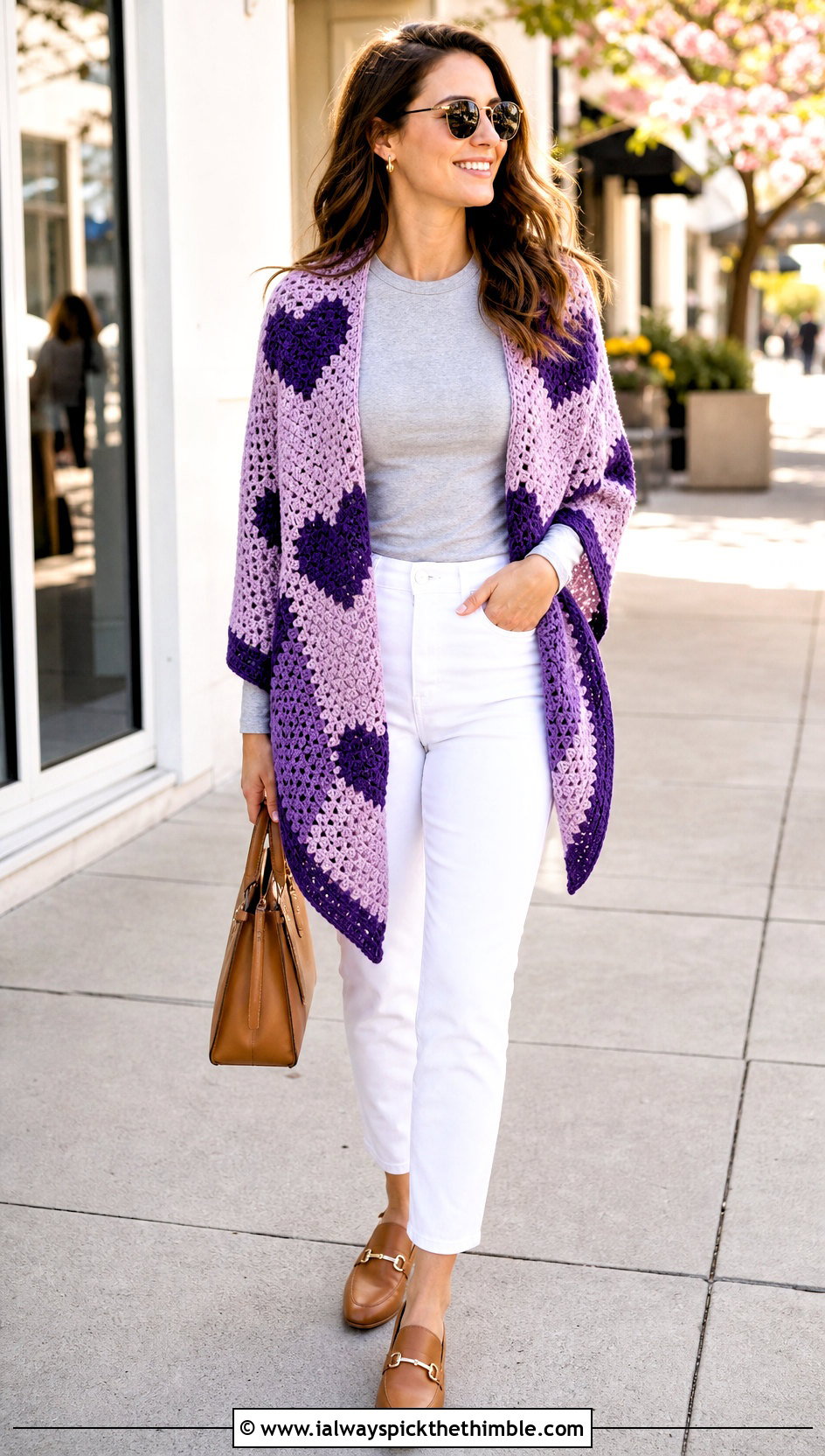 Color Block Heart Crochet Shawl With White Jeans - 20 Heart Crochet Shawl outfit ideas