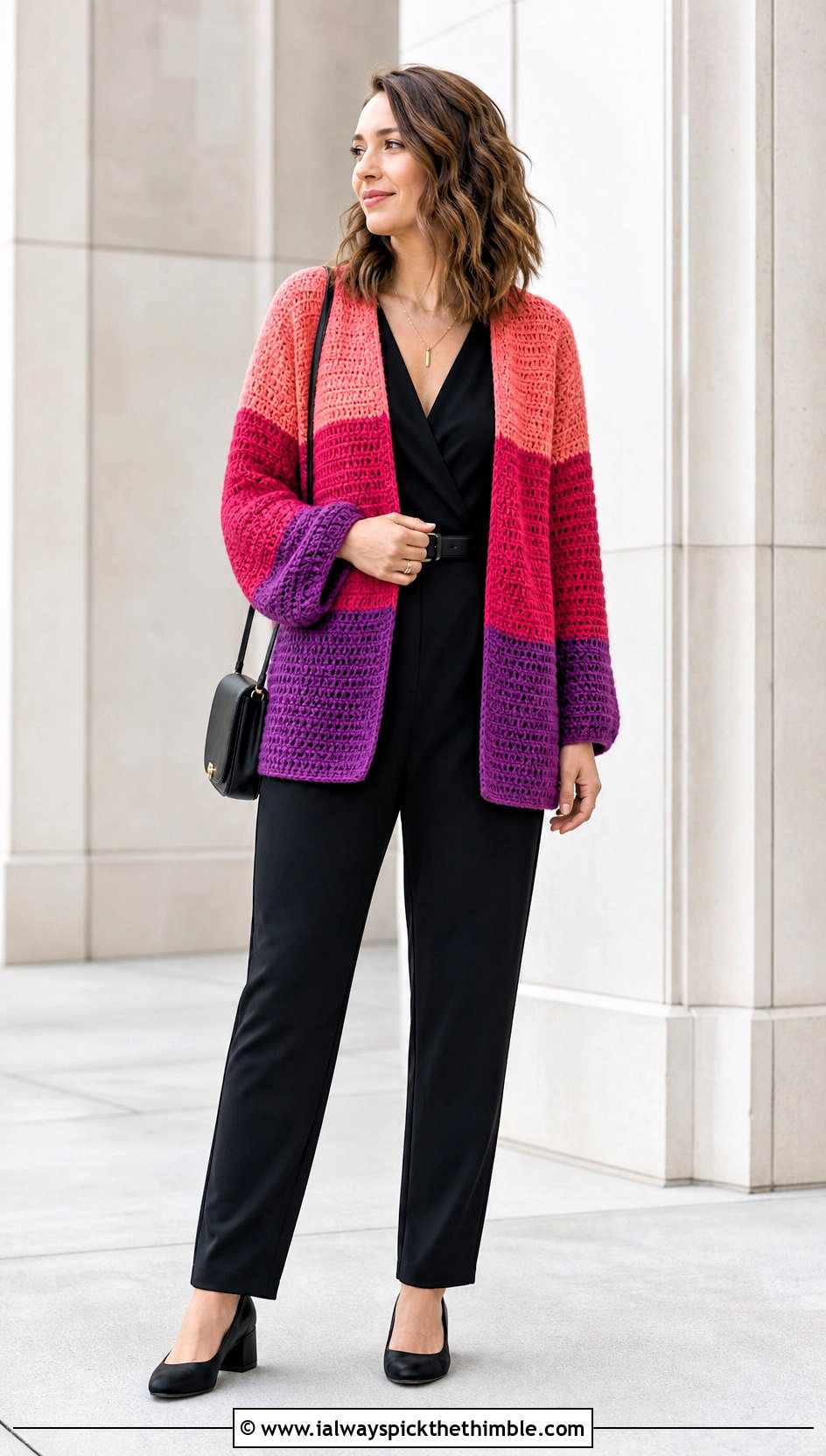 Color Block Hex Crochet Cardigan With Black Jumpsuit - 25 hex crochet cardigan outfit ideas