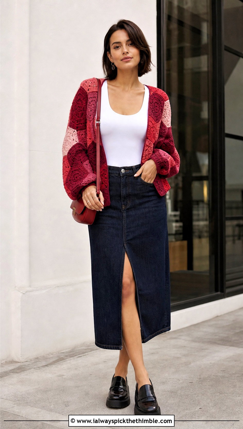 Color Block Hexagon Cardigan With Denim Midi Skirt - 25 crochet hexagon cardigan outfit ideas