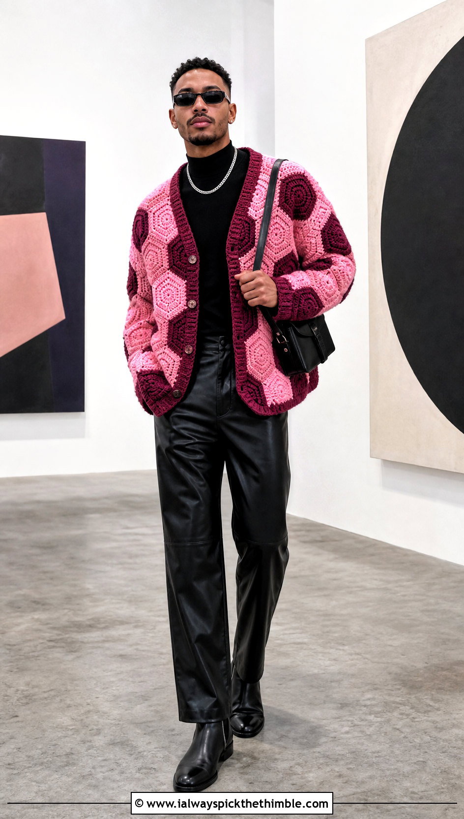 Color Block Hexagon Cardigan With Leather Pants - 25 men hexagon crochet cardigan outfit ideas