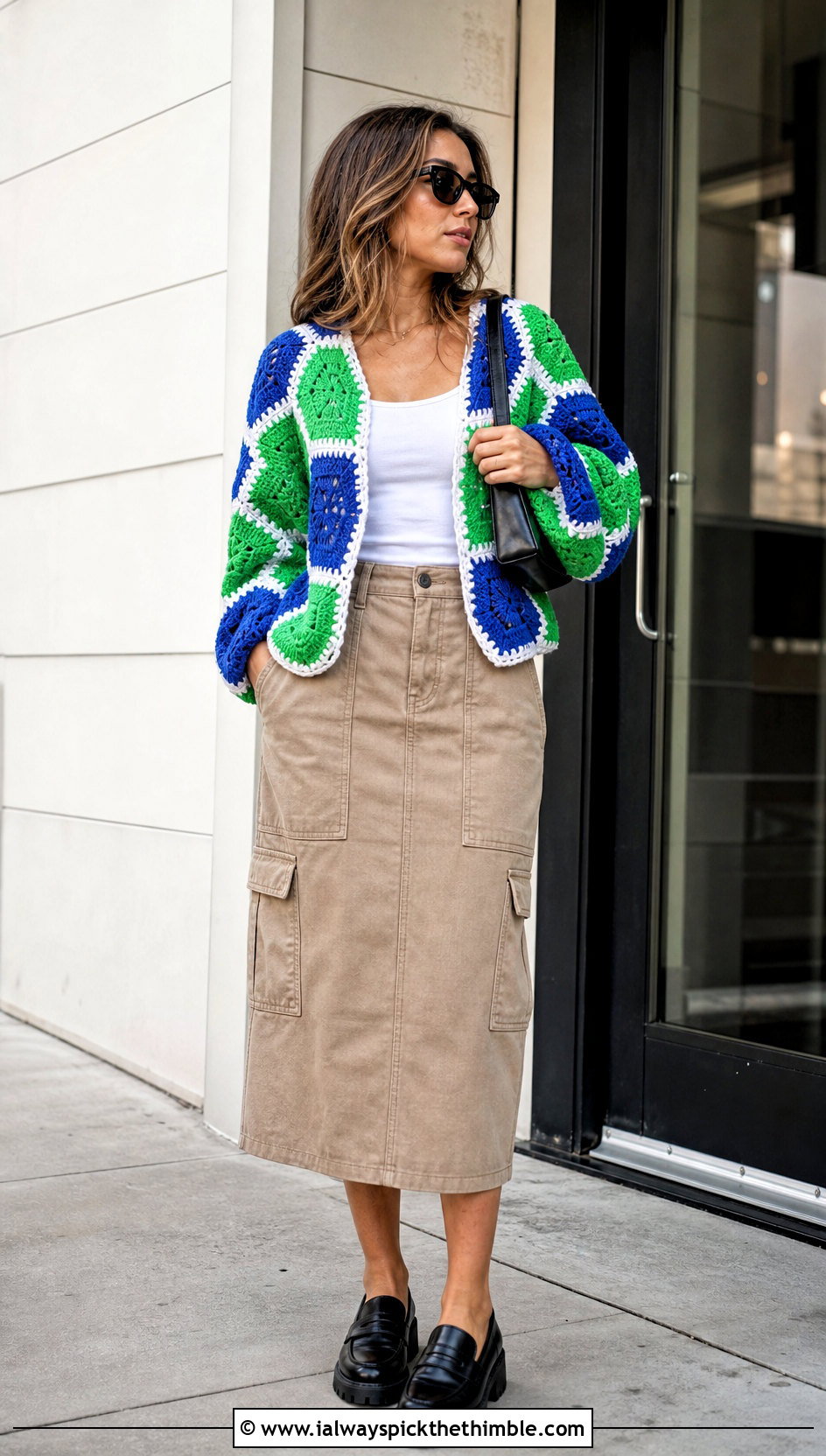Color Block Hexagon Crochet Cardigan With Utility Skirt - 25 hexagon crochet cardigan outfit ideas