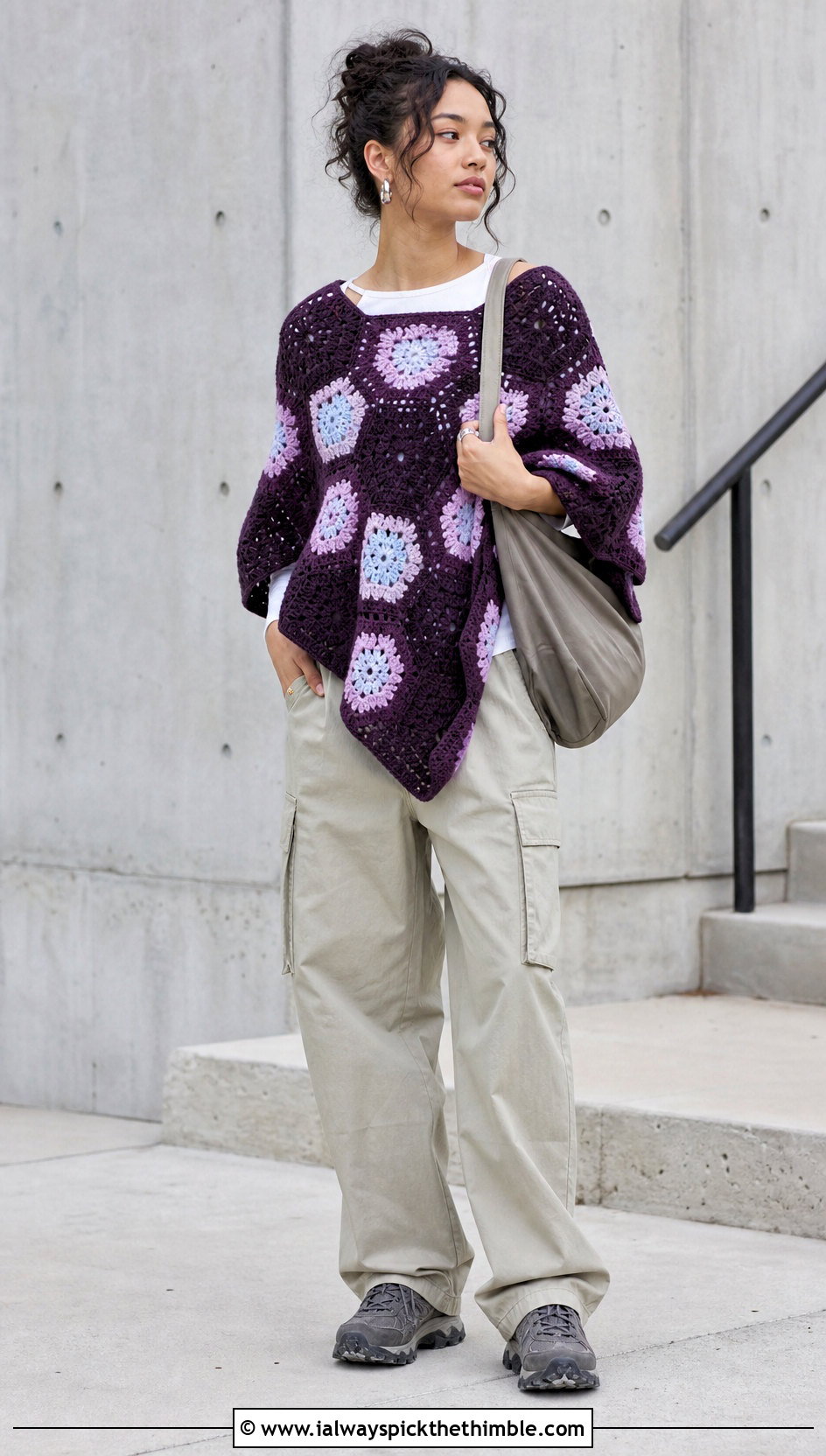 Color Block Hexagon Crochet Poncho With Cargo Pants - 20 Hexagon Crochet Poncho outfit ideas