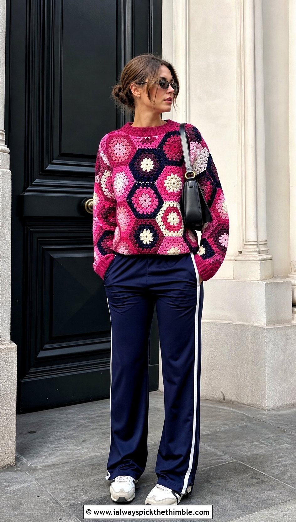 Color Block Hexagon Granny Square Sweater With Track Pants - 25 hexagon granny square sweater outfit ideas