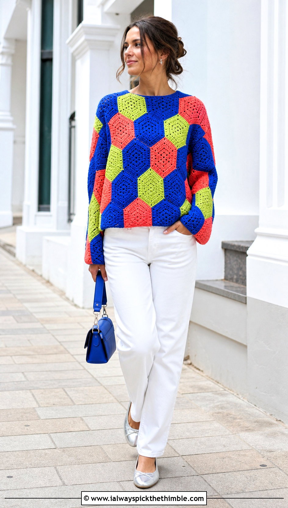 Color Block Hexagon Pullover With White Jeans - 25 crochet hexagon pullover outfit ideas