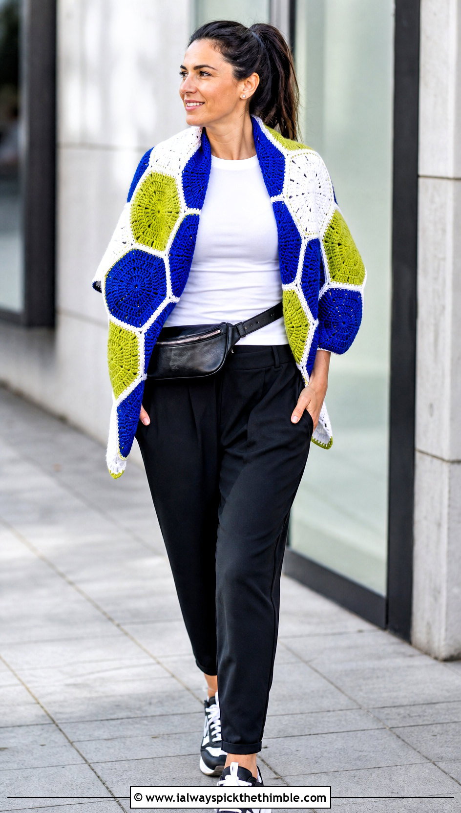 Color Block Hexagon Shawl With Track Pants - 20 Crochet Hexagon Shawl outfit ideas