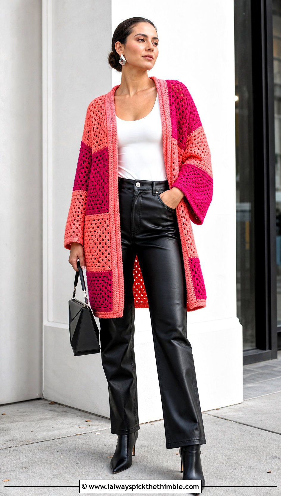 Color Block Hexi Cardigan With Leather Pants - 25 crochet hexi cardigan outfit ideas