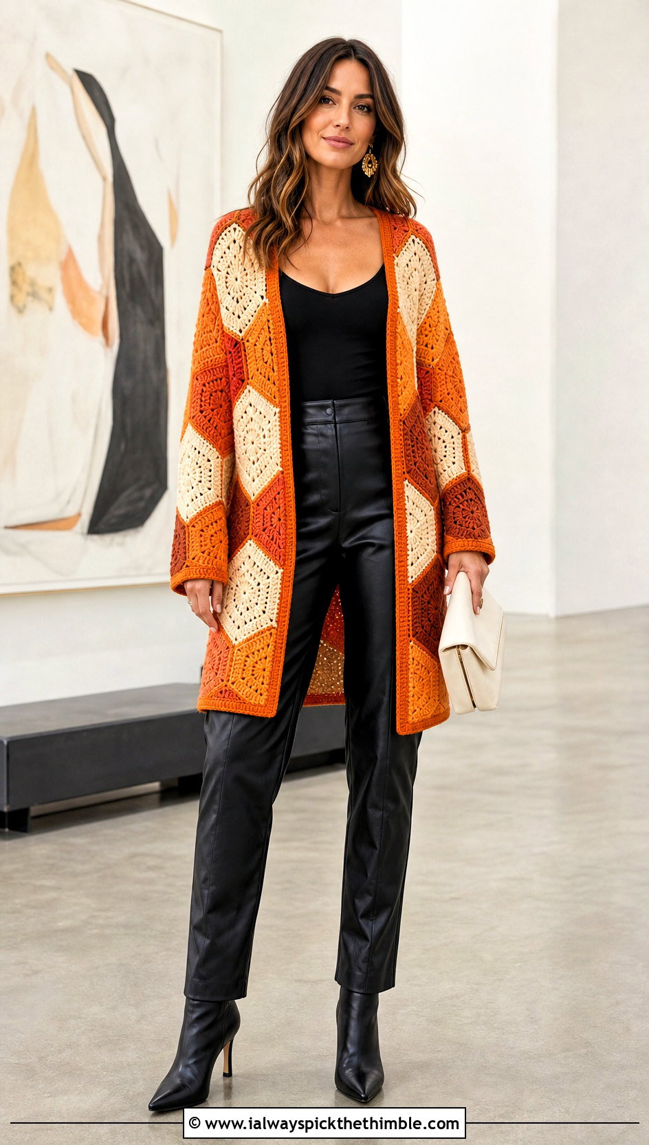 Color Block Hexi Crochet Cardigan With Leather Pants - 25 hexi crochet cardigan outfit ideas