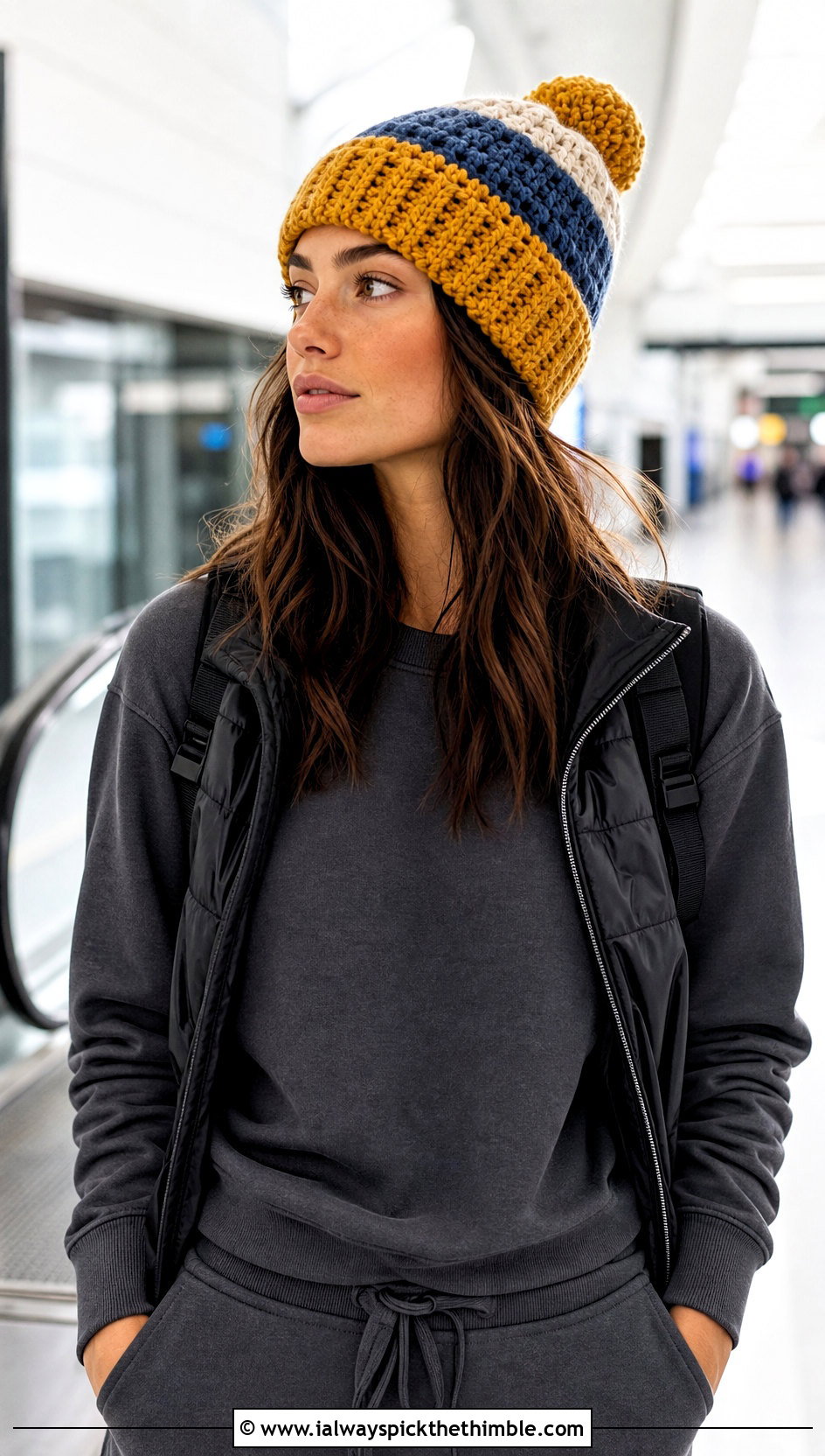 Color Block Highland Crochet Beanie With Tracksuit - 15 highland crochet beanie outfit ideas