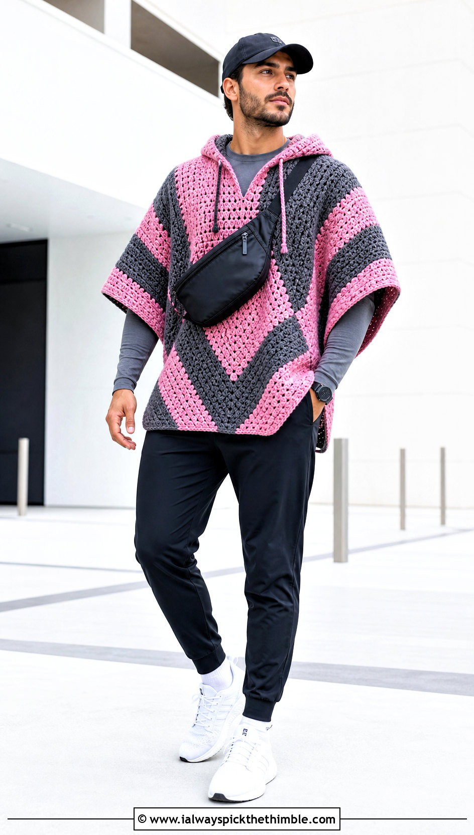 Color Block Hooded Crochet Poncho With Track Pants - 15 mens hooded crochet poncho outfit ideas