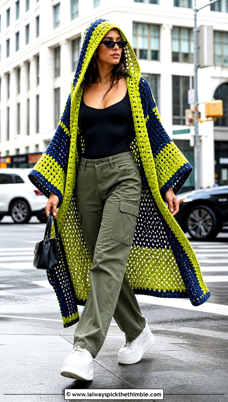 Color Block Hooded Crochet Ruana With Cargo Pants - 20 Hooded Crochet Ruana outfit ideas