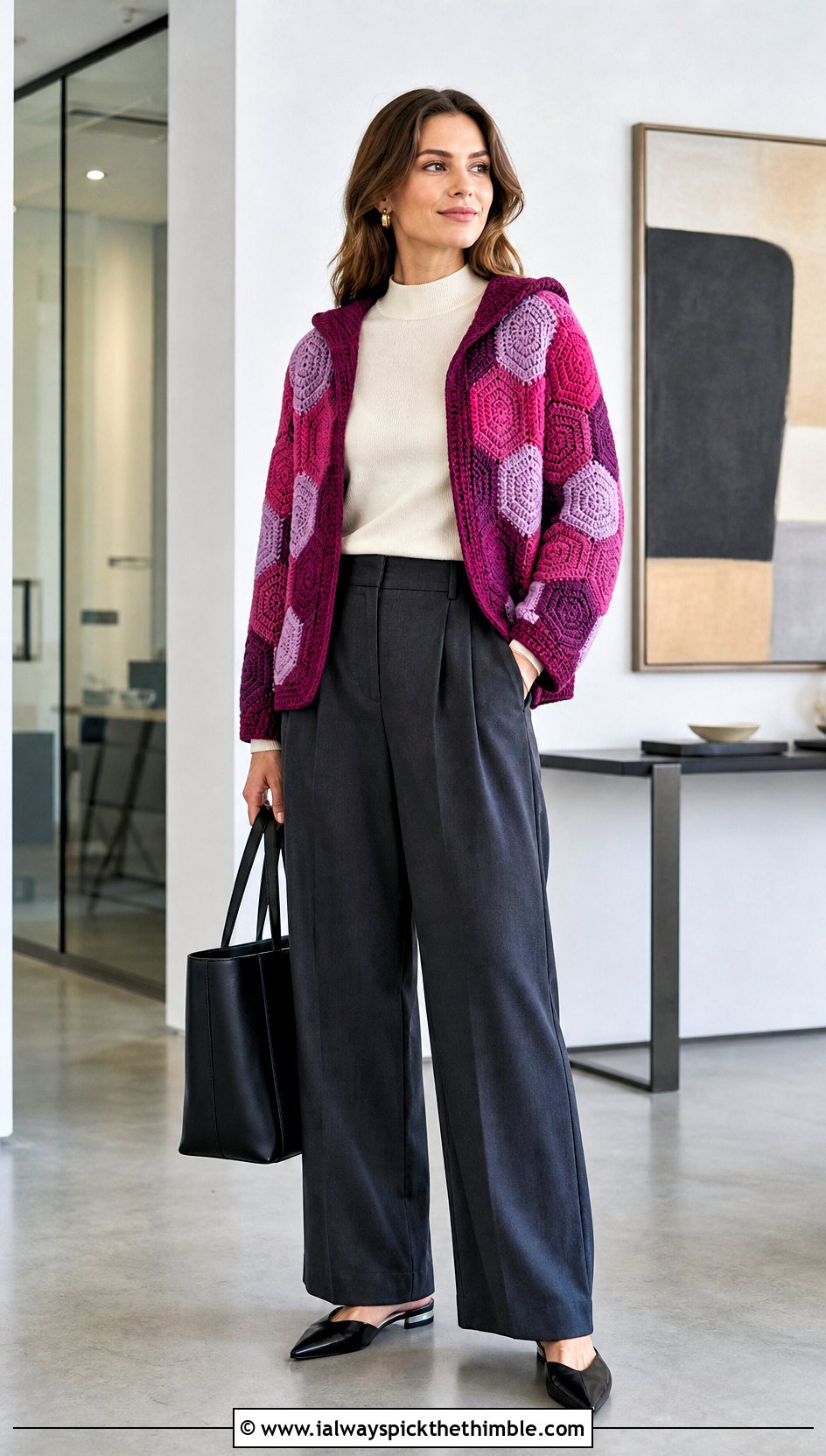 Color Block Hooded Hexagon Cardigan With Tailored Trousers - 20 Crochet Hexagon Cardigan With Hood outfit ideas