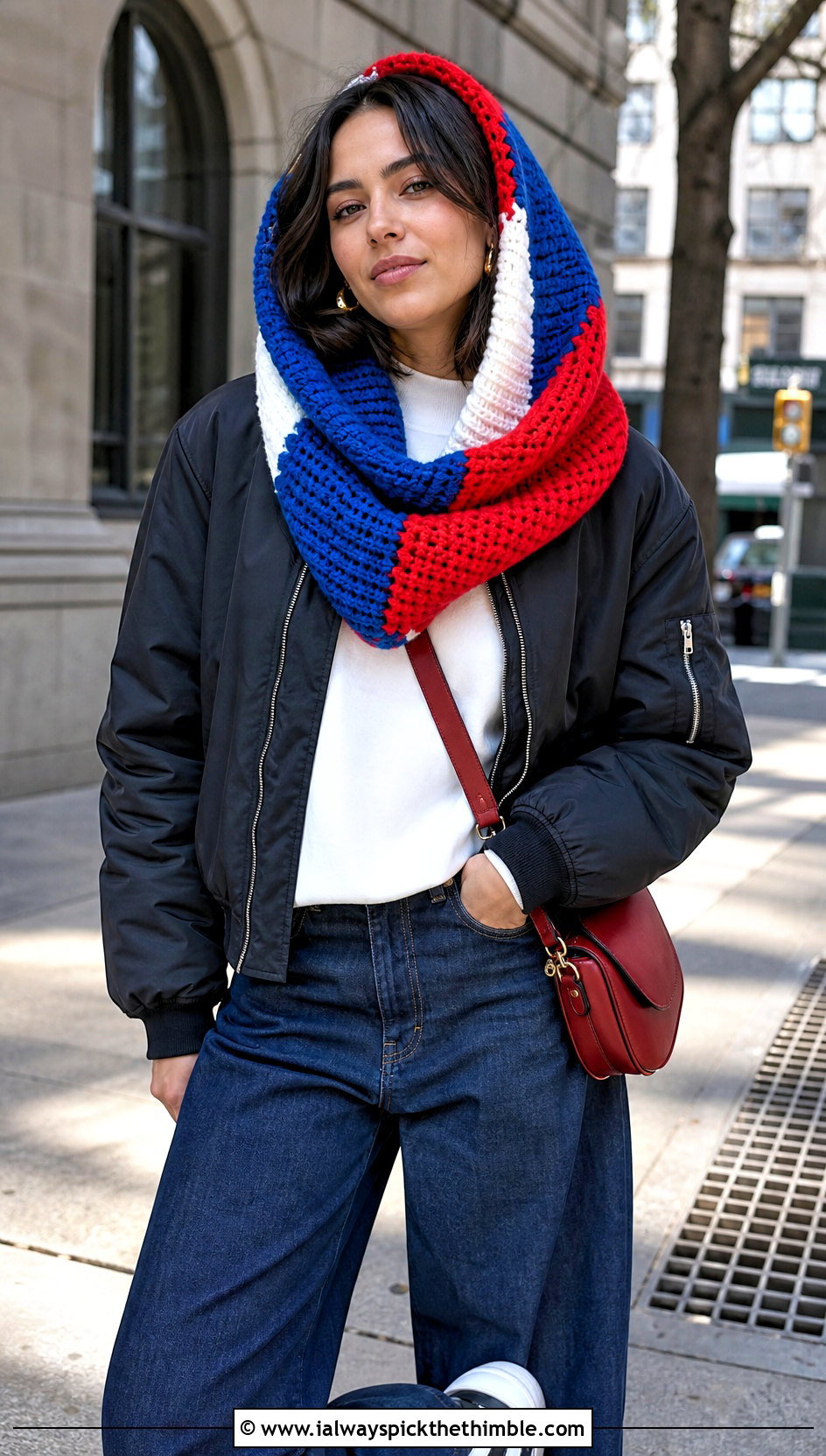 Color Block Hooded Infinity Scarf With Bomber Jacket - 15 crochet infinity scarf with hood outfit ideas