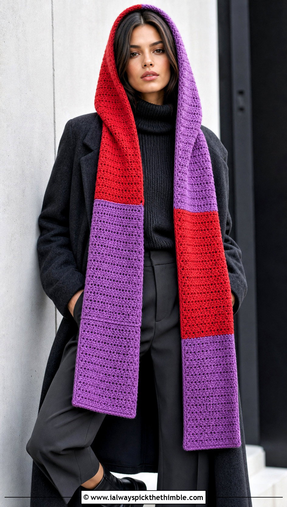 Color Block Hooded Scarf With Monochrome Outfit - 25 crochet hood scarf outfit ideas