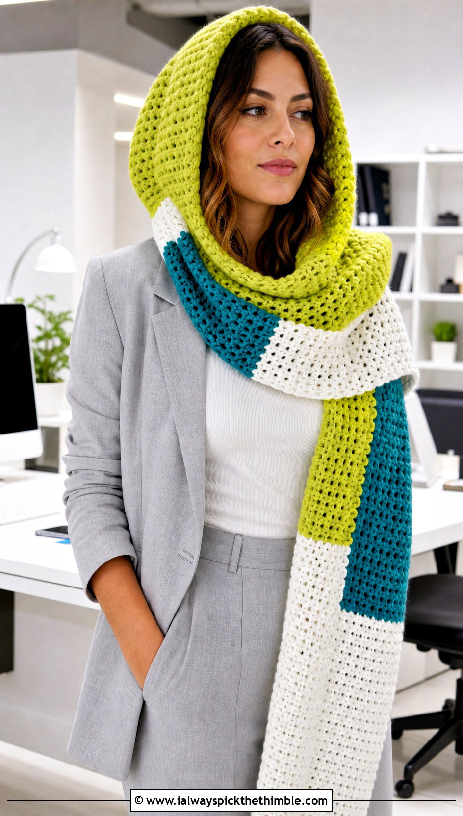 Color Block Hooded Scarf With Monochrome Suit - 25 crochet hooded scarf outfit ideas