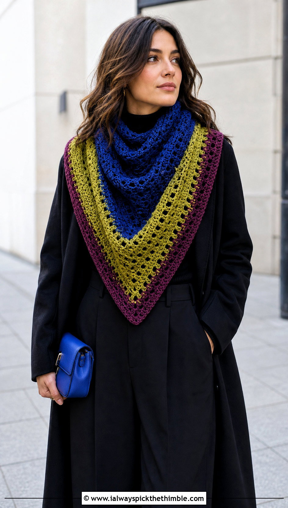 Color Block Hooded Triangle Crochet Scarf With Monochrome Outfit - 20 Hooded Triangle Crochet Scarf outfit ideas
