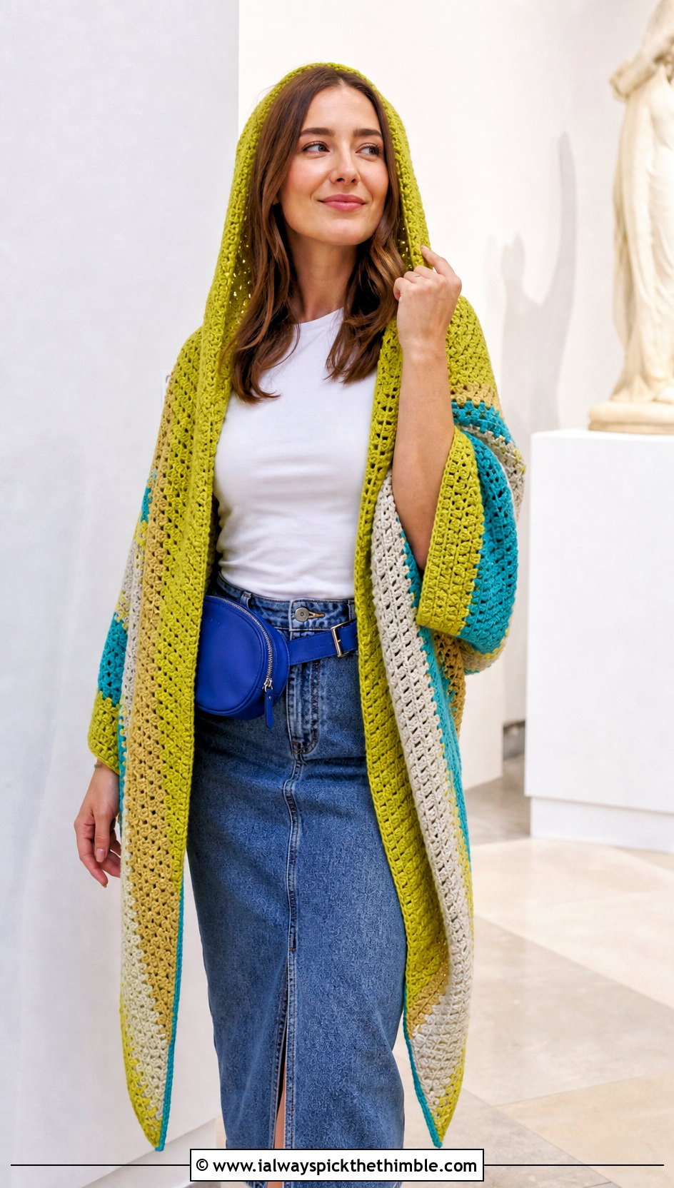 Color Block Hooded Triangle Crochet Shawl With Denim Midi Skirt - 20 Hooded Triangle Crochet Shawl outfit ideas