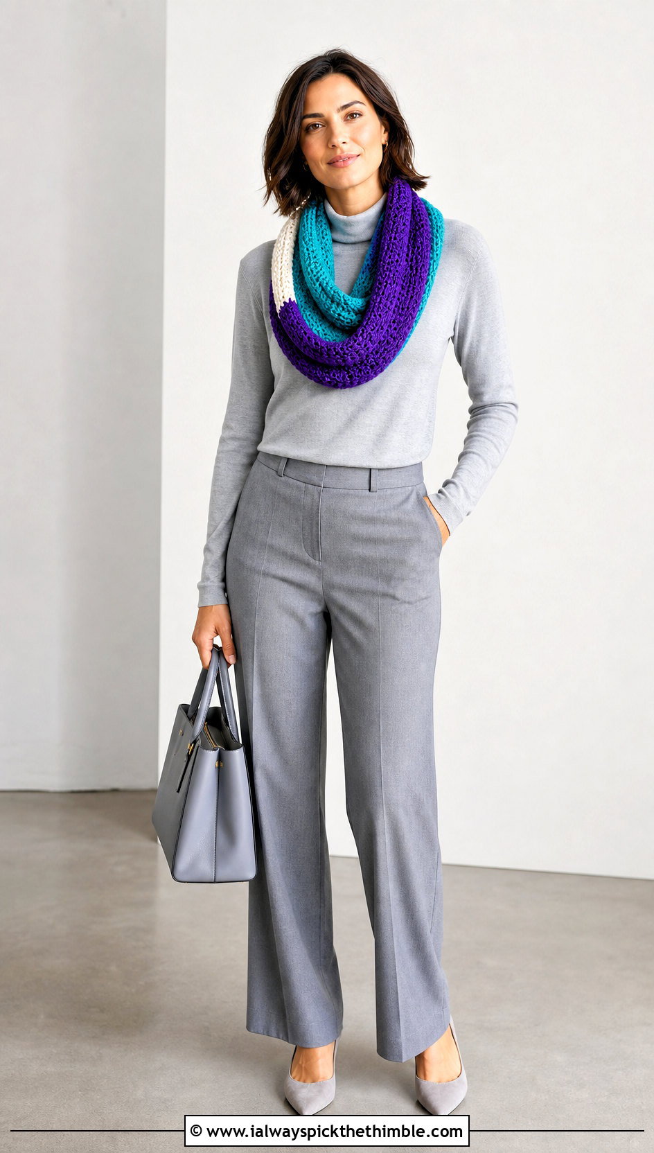 Color Block Infinity Scarf With Monochrome Outfit - 20 Beginner Crochet Infinity Scarf outfit ideas