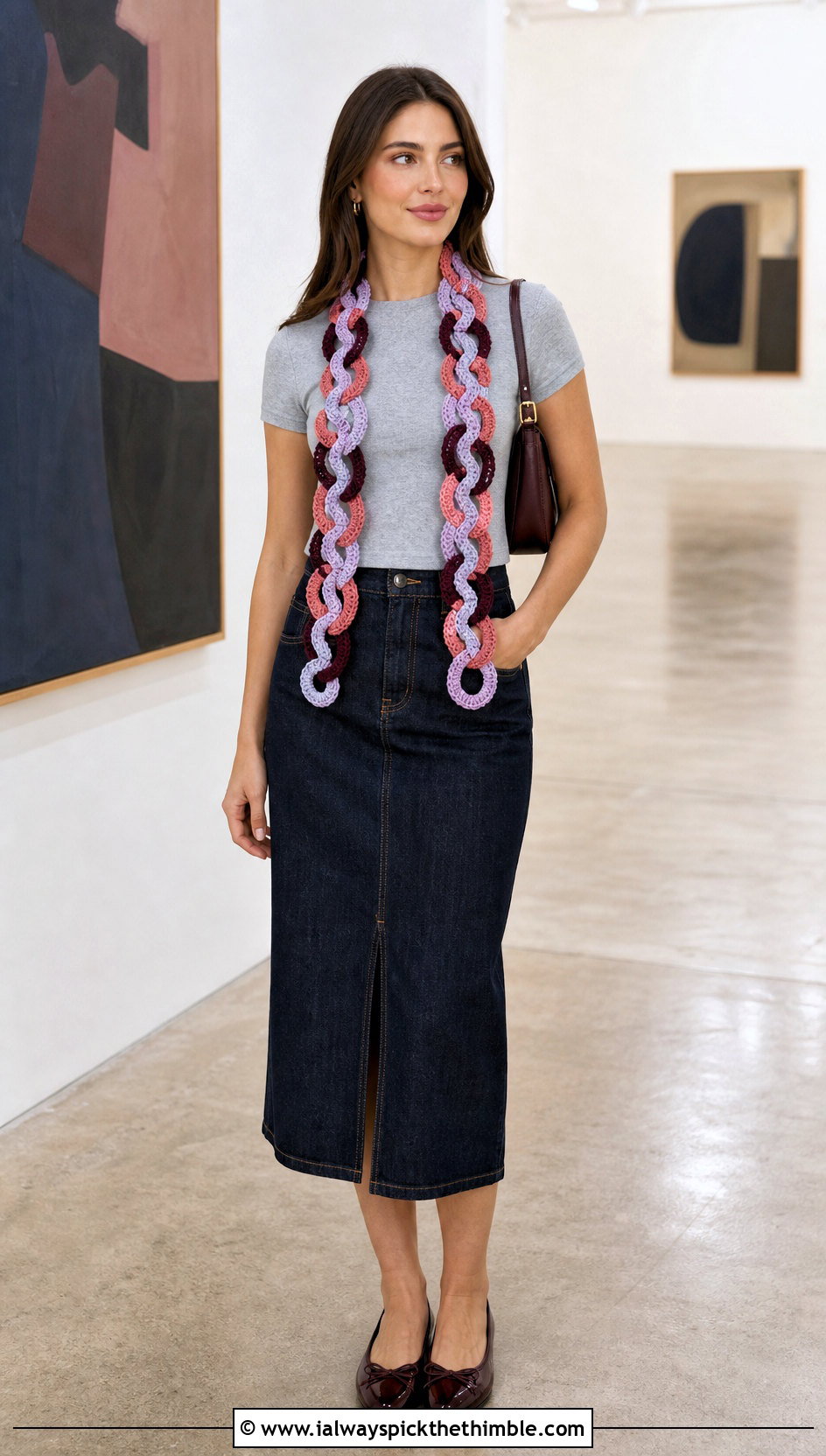 Color Block Interlocking Ring Crochet Scarf With Denim Midi Skirt - 15 Chain Link Crochet Scarf outfit ideas
