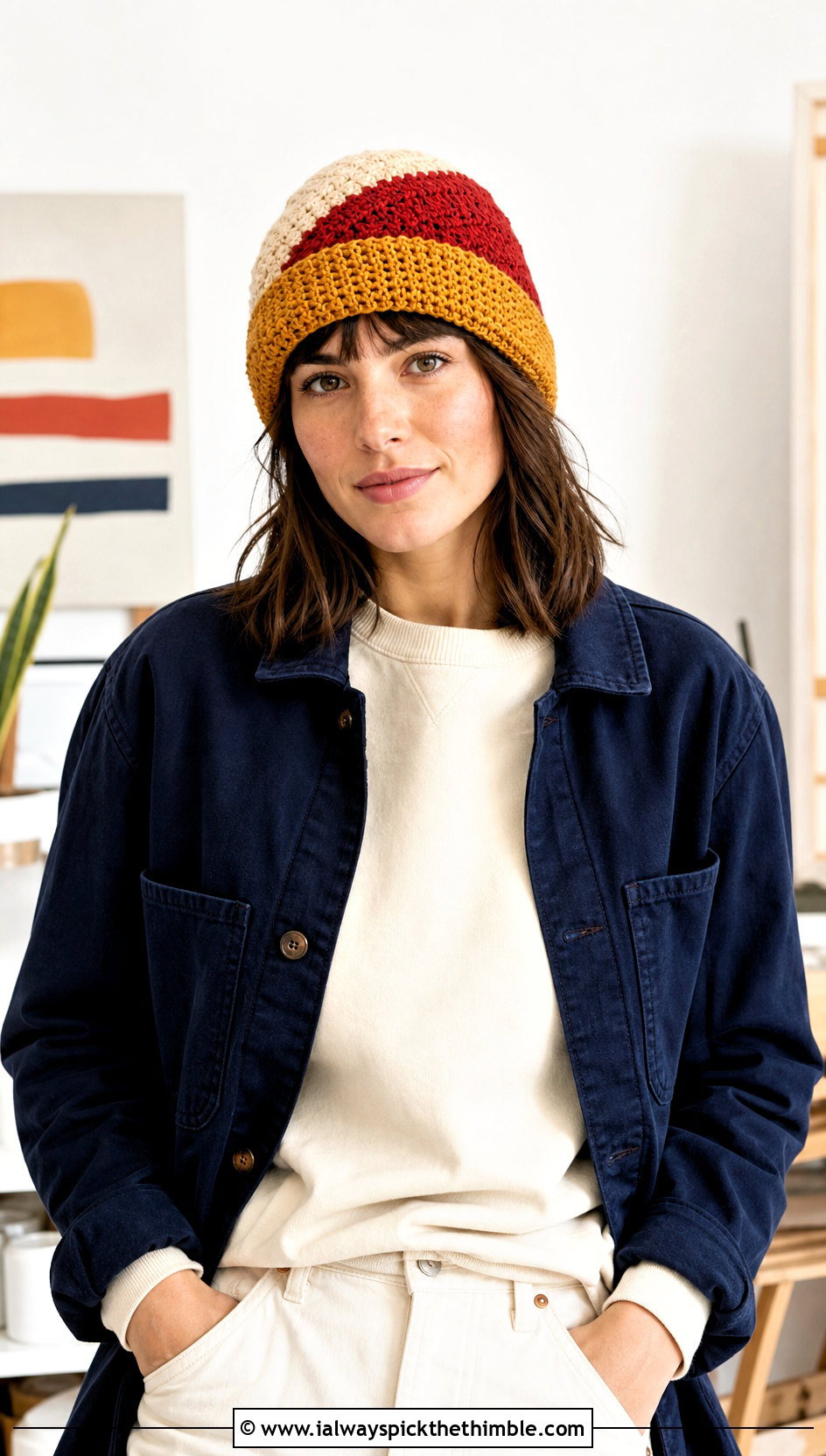 Color Block Knit Look Crochet Beanie With Chore Jacket - 20 knit look crochet beanie outfit ideas