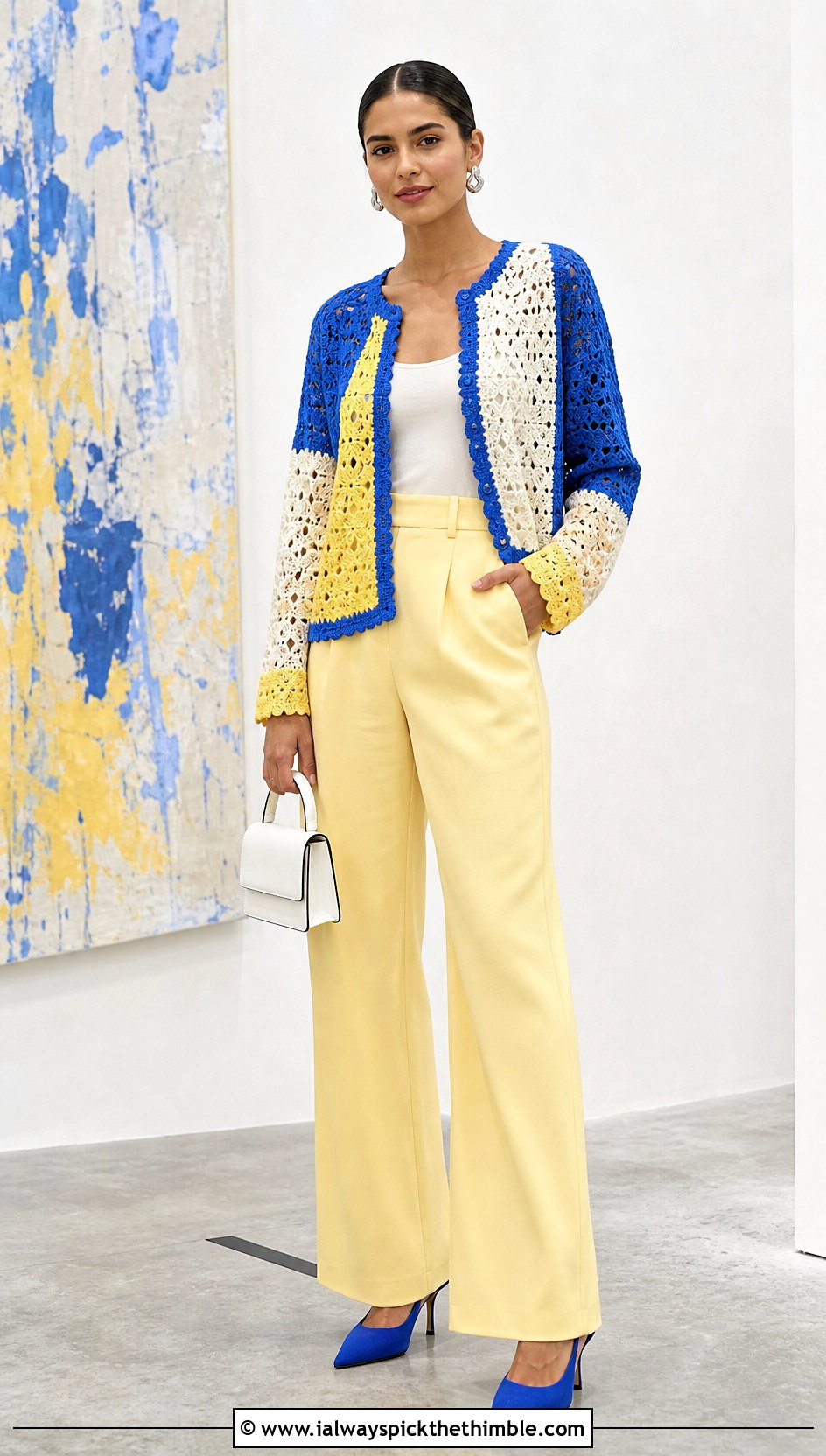 Color Block Lace Cardigan With Matching Trousers - 15 Lacey Crochet Cardigan outfit ideas