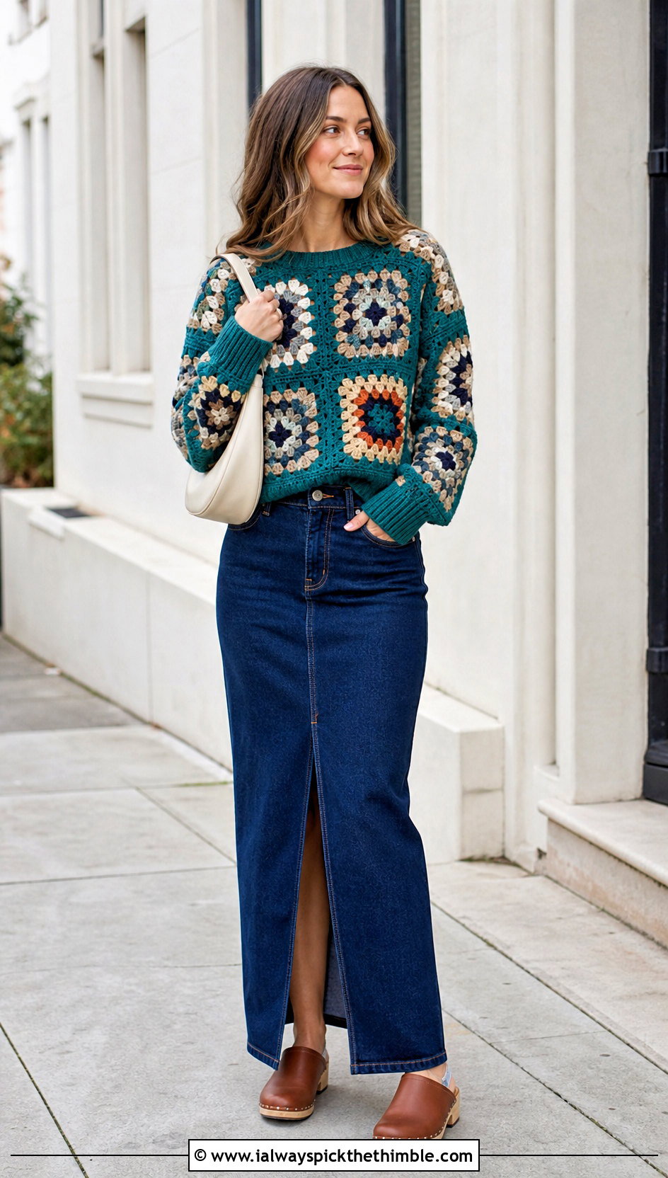 Color Block Large Granny Square Sweater With Denim Maxi Skirt - 25 large granny square sweater outfit ideas