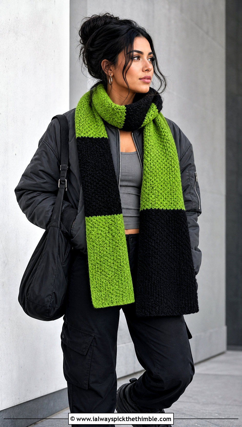 Color Block Lemon Peel Stitch Scarf With Bomber Jacket - 20 Crochet Lemon Peel Stitch Scarf outfit ideas