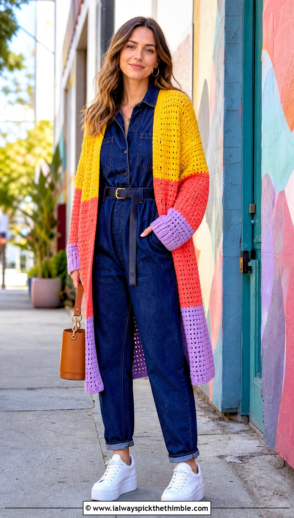 Color Block Long Crochet Cardigan With Denim Jumpsuit - 20 long crochet cardigan outfit ideas
