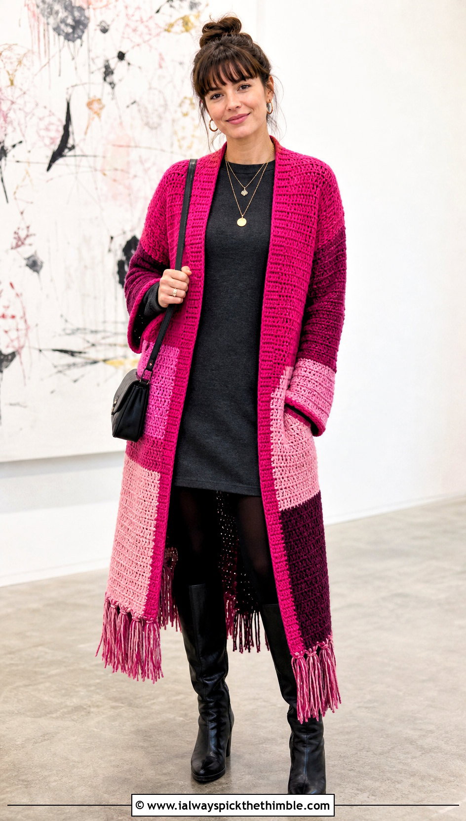 Color Block Long Crochet Cardigan With Fringe And Mini Dress - 15 long crochet cardigan with fringe outfit ideas