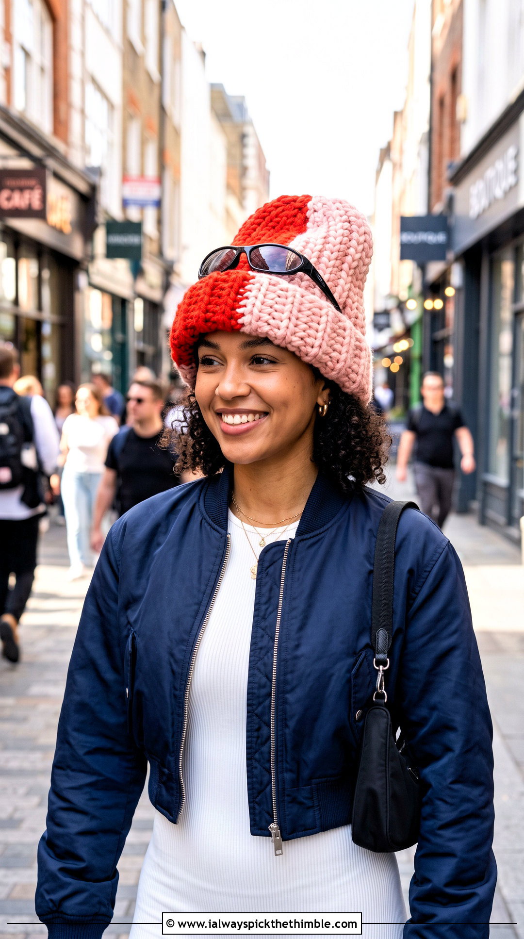 Color Block Long Crochet Hat With Bomber Jacket - 20 crochet long hat outfit ideas