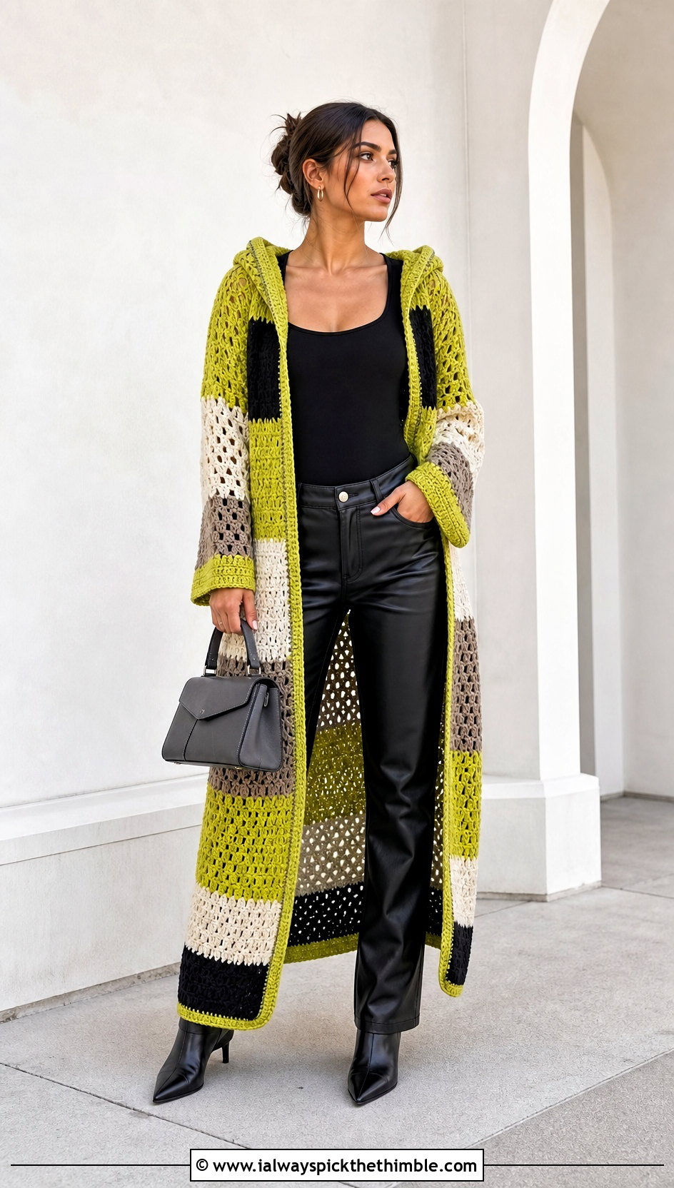 Color Block Long Hooded Cardigan With Leather Pants - 20 crochet long hooded cardigan outfit ideas