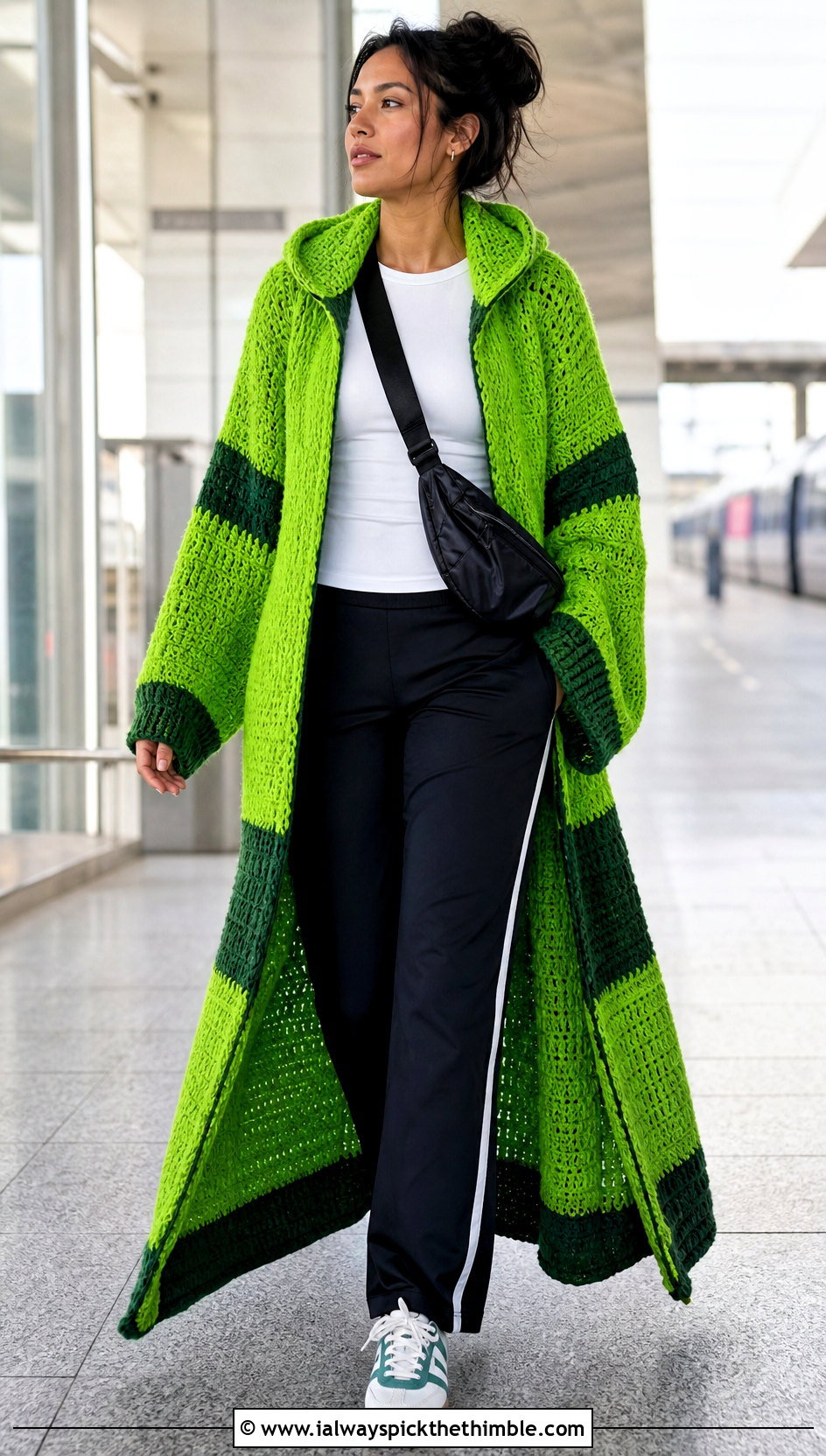 Color Block Long Hooded Crochet Cape With Track Pants - 20 Long Hooded Crochet Cape outfit ideas