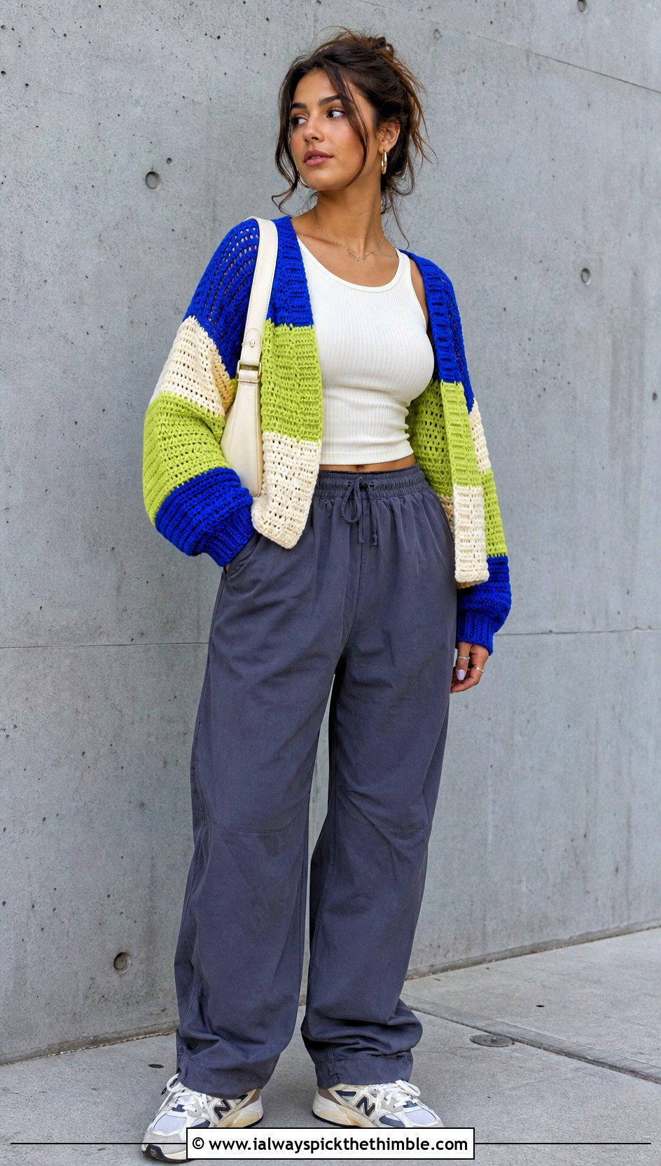Color Block Loose Crochet Sweater With Parachute Pants - 20 loose crochet sweater outfit ideas