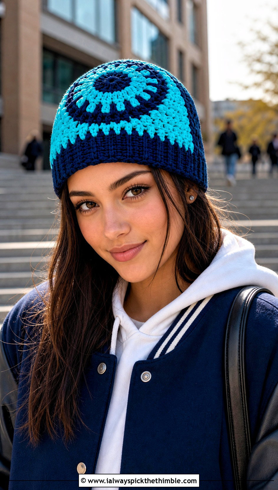 Color Block Magic Circle Crochet Beanie With Varsity Jacket - 20 Crochet Beanie Magic Circle outfit ideas