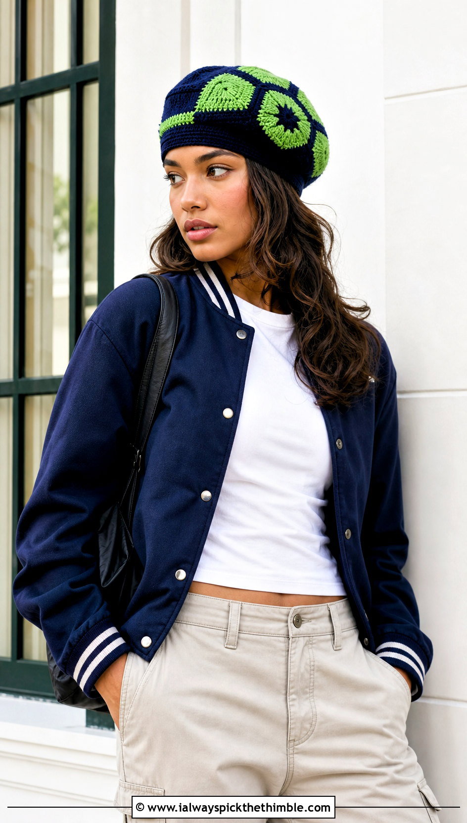 Color Block Magnolia Crochet Beret With Varsity Jacket - 15 magnolia crochet beret outfit ideas
