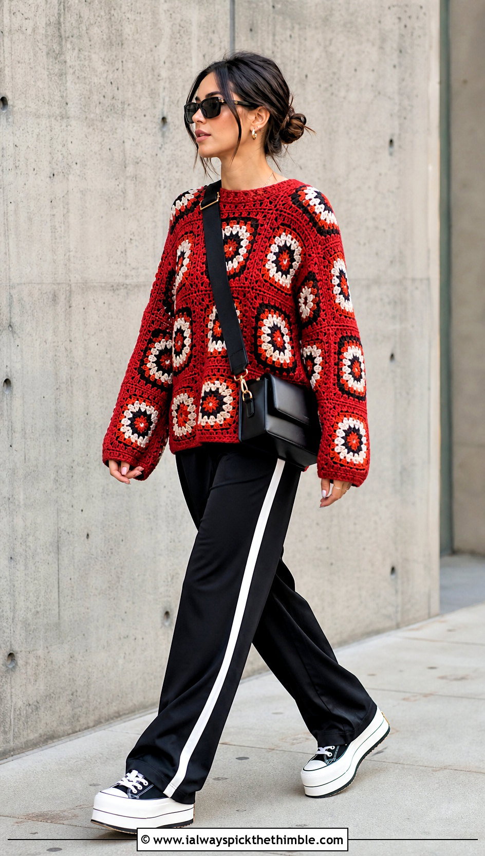 Color Block Mandala Crochet Sweater With Track Pants - 20 Mandala Crochet Sweater outfit ideas