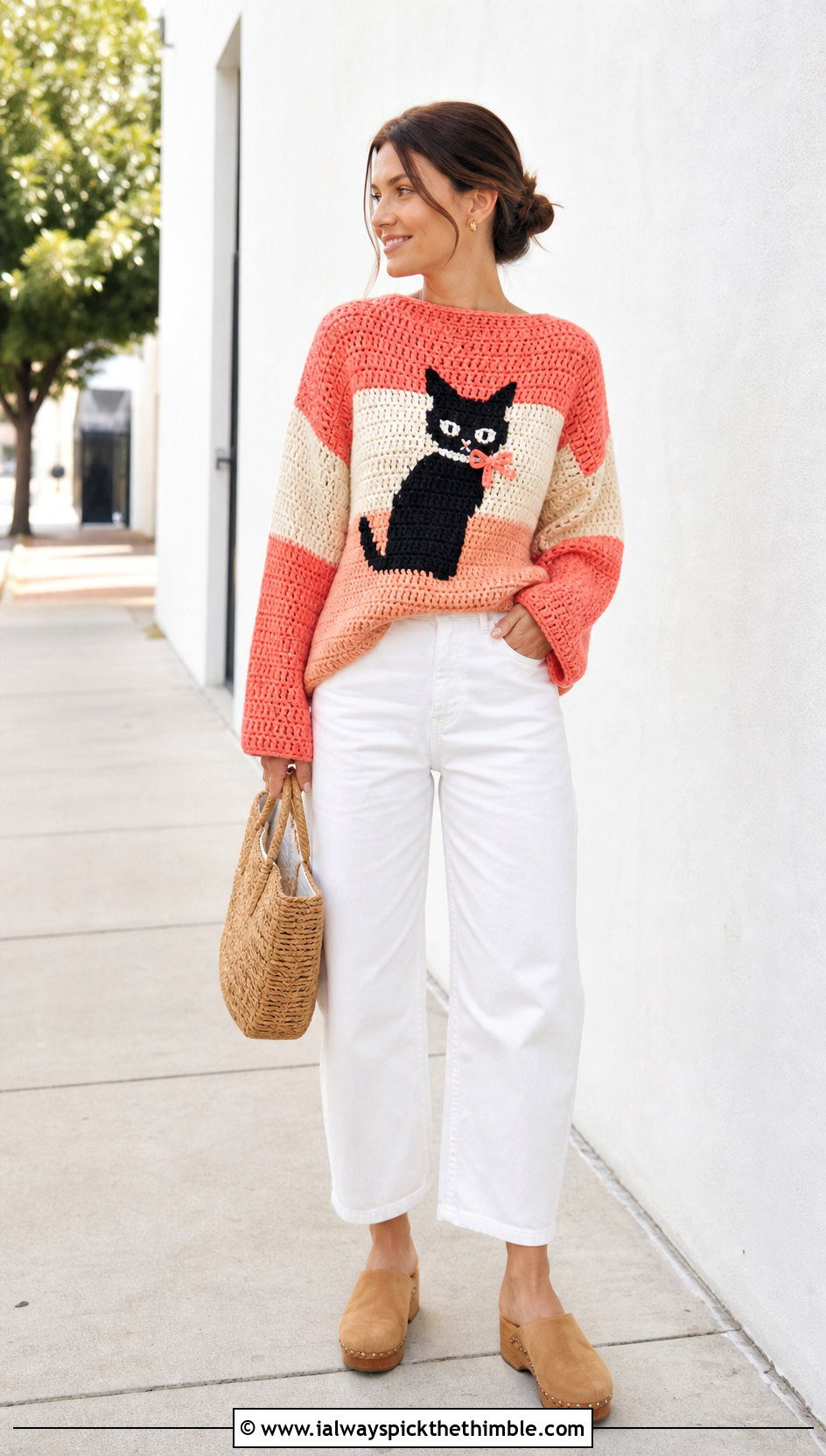 Color Block Marceline Cat Sweater With White Barrel Jeans - 20 crochet marceline sweater outfit ideas