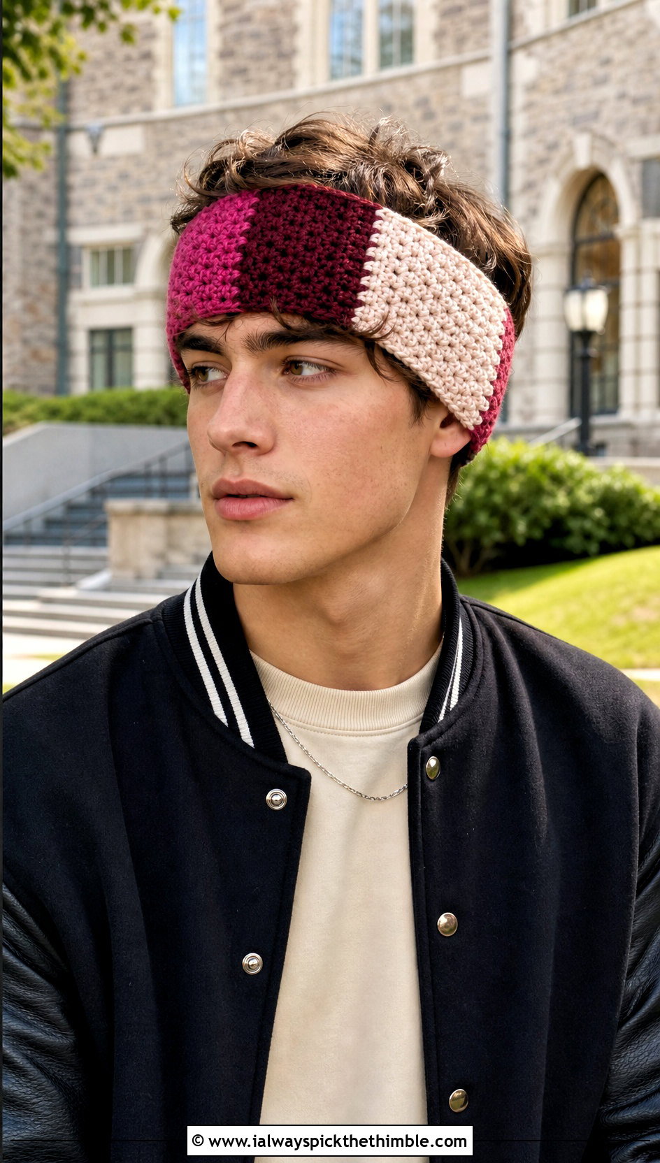 Color Block Mens Crochet Ear Warmer With Varsity Jacket - 15 mens crochet ear warmer outfit ideas