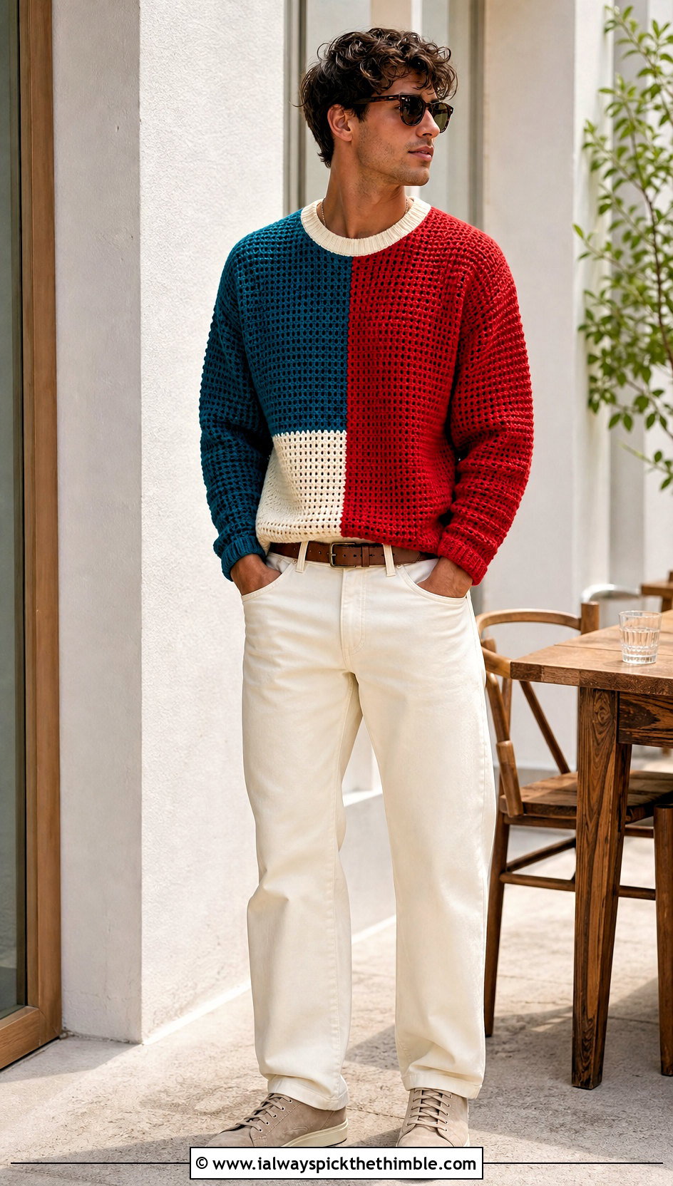Color Block Mens Crochet Sweater With White Jeans - 25 mens crochet sweater outfit ideas