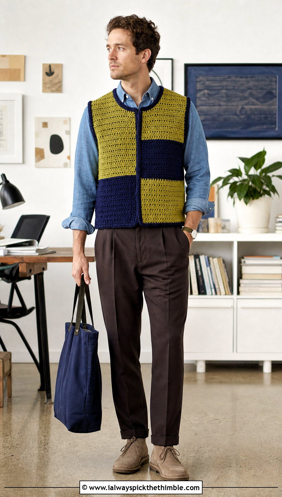 Color Block Mens Crochet Vest With Denim Shirt - 20 men's crochet vest outfit ideas
