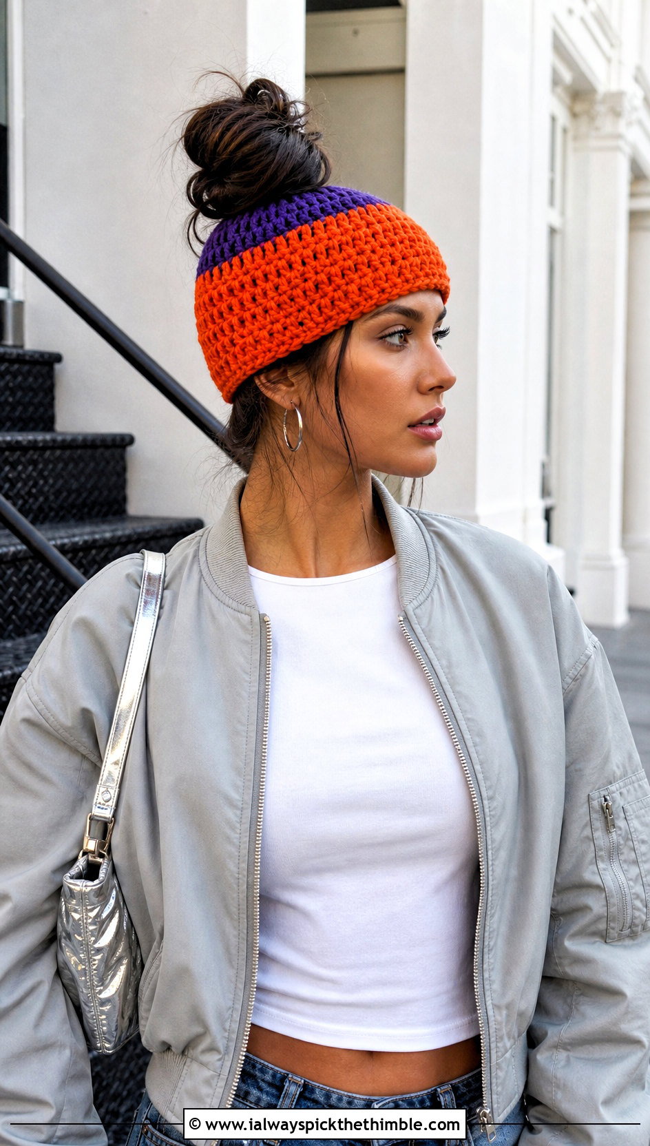 Color Block Messy Bun Crochet Hat With Bomber Jacket - 20 Easy Messy Bun Crochet Hat outfit ideas